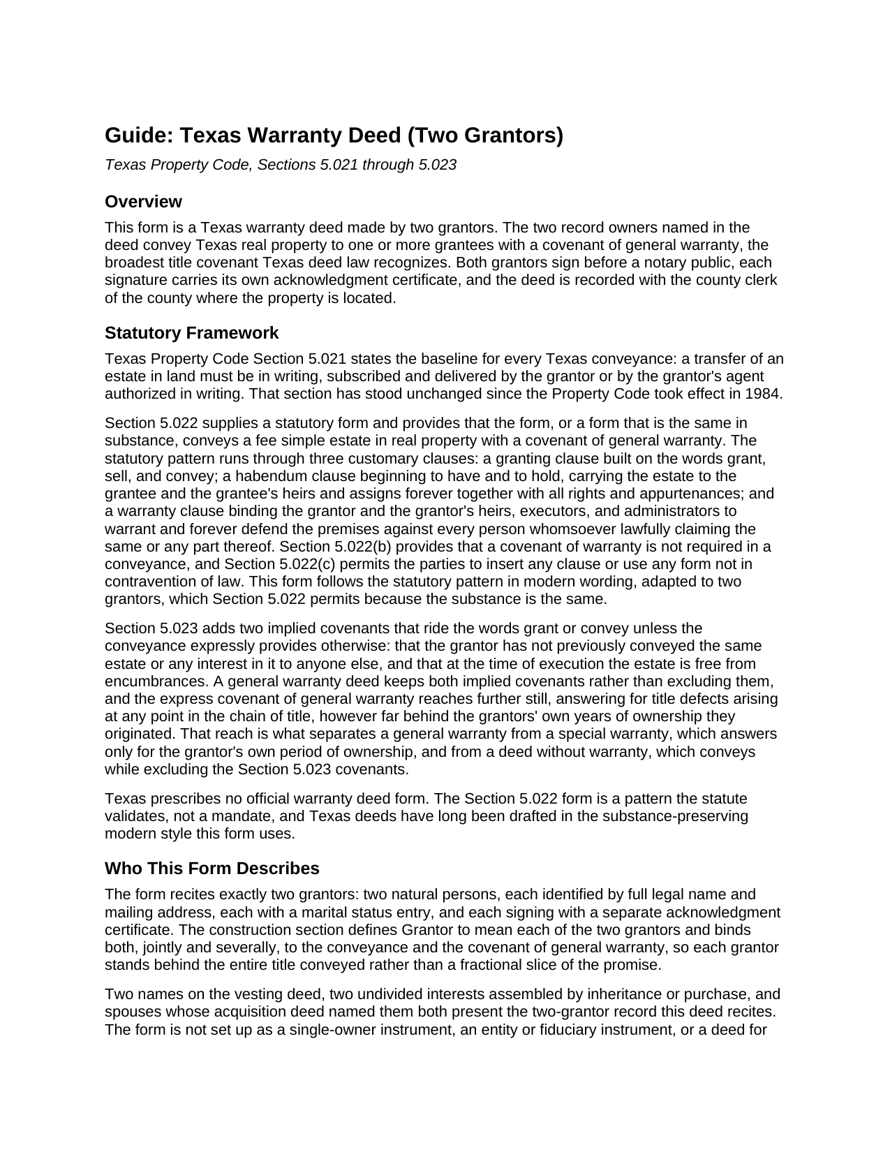 Cooke County Warranty Deed (Two Grantors) Guide