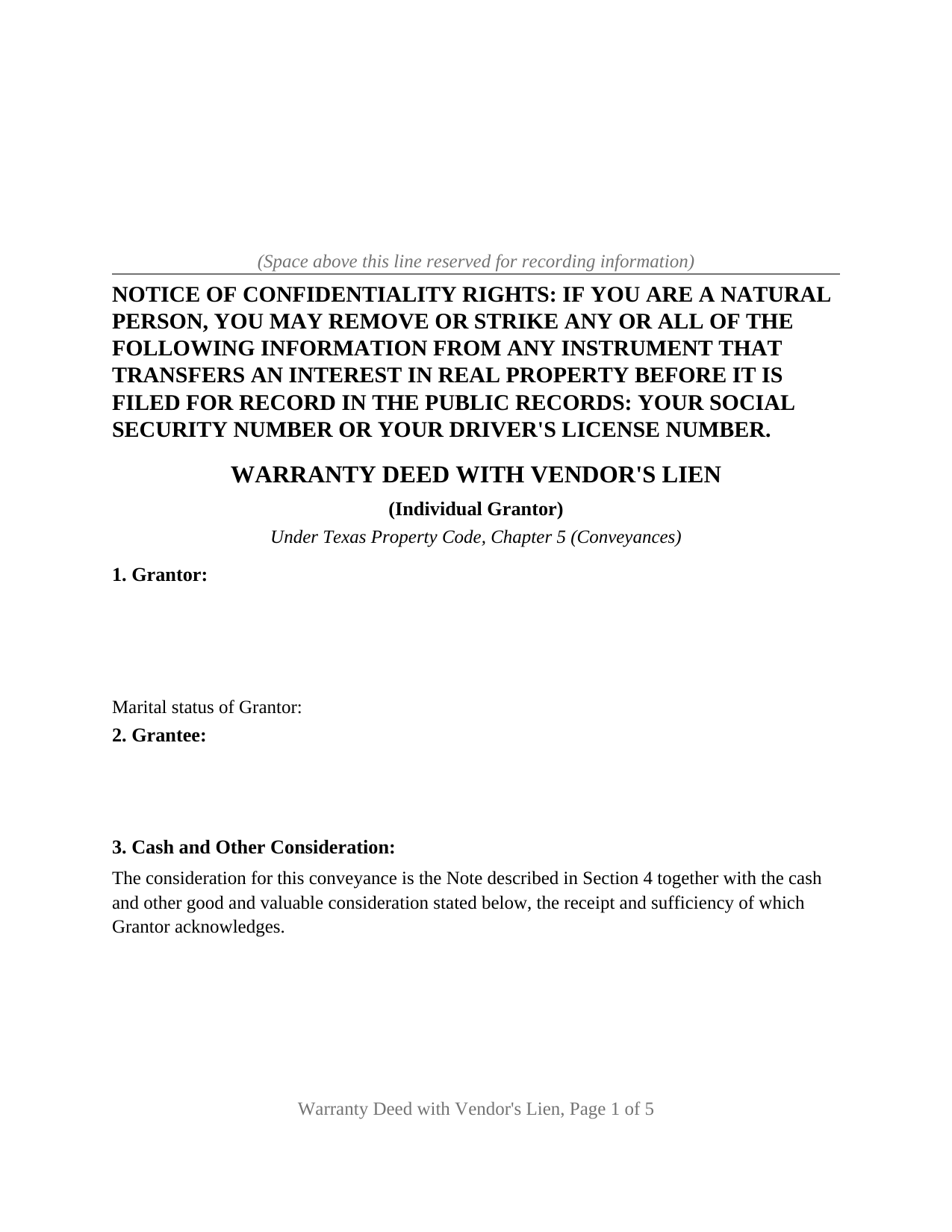 Bailey County Warranty Deed with Vendor Lien (Individual Grantor) Form