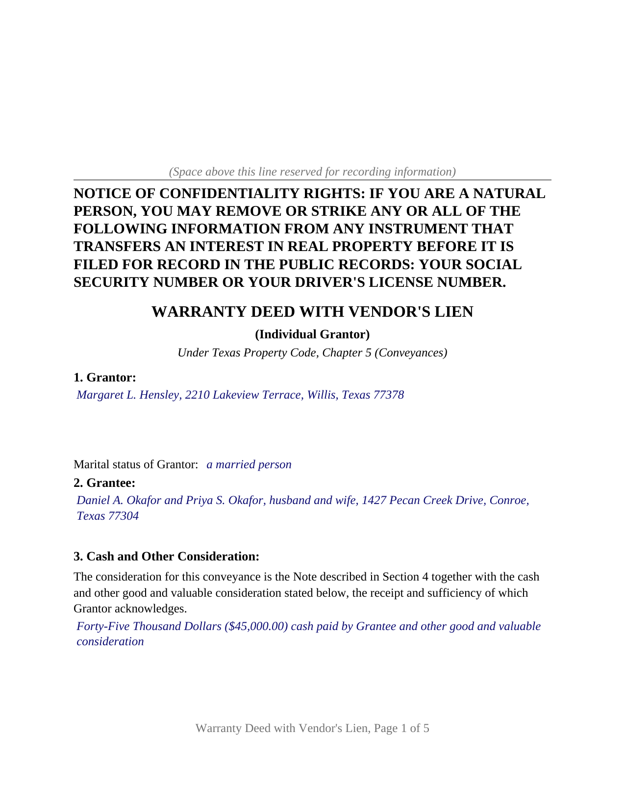 Bailey County Completed Example of the Warranty Deed with Vendor Lien (Individual Grantor) Document