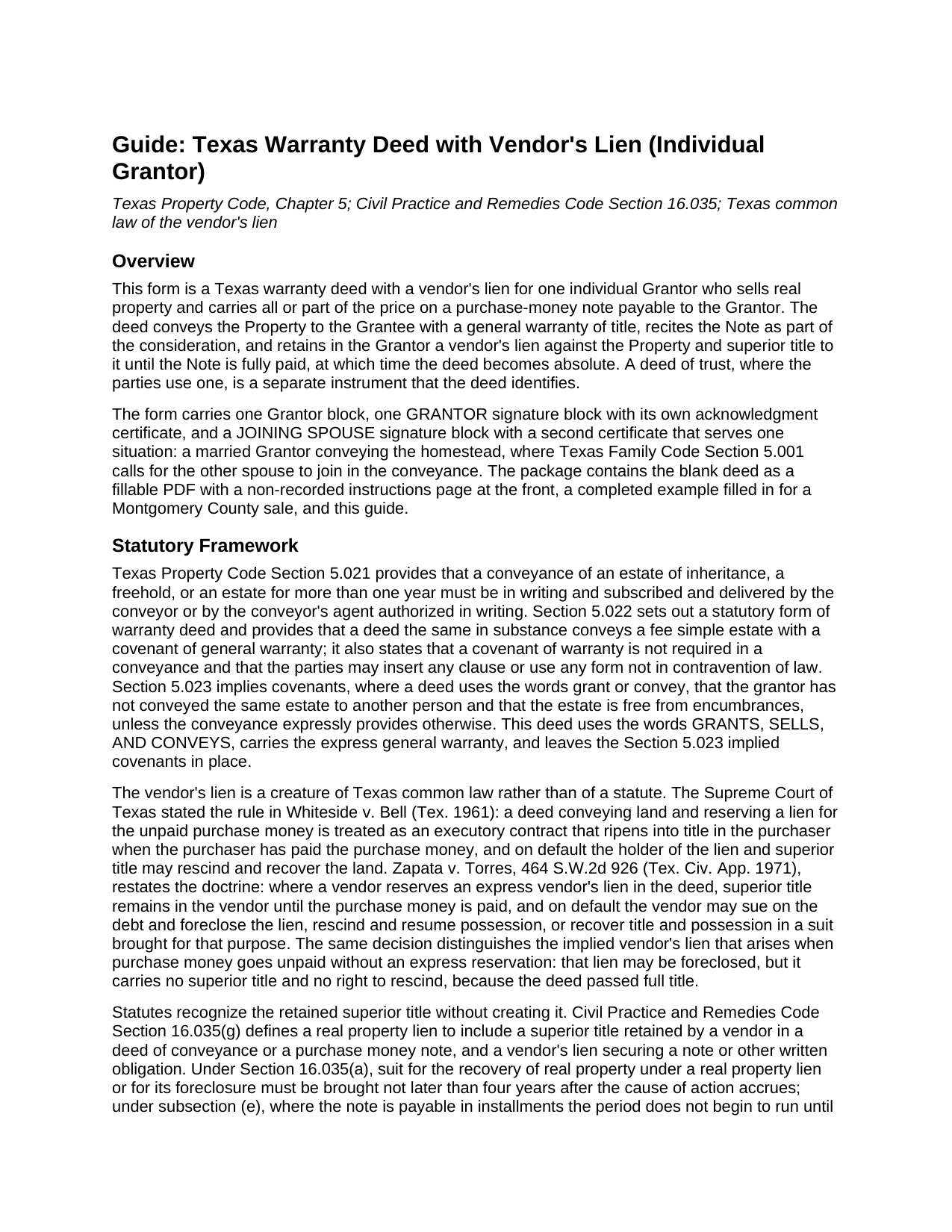 Bailey County Warranty Deed with Vendor Lien (Individual Grantor) Guide