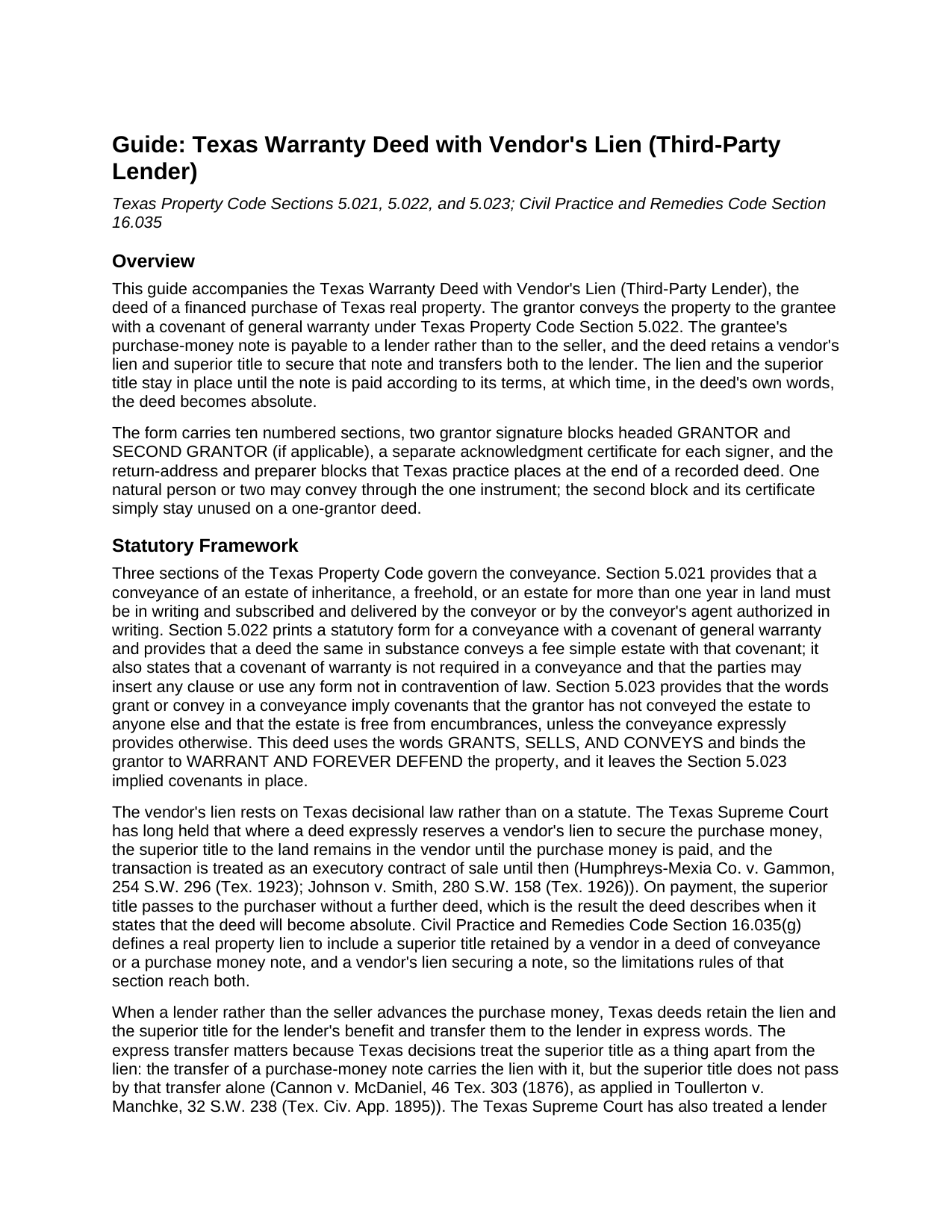 Bailey County Warranty Deed with Vendors Lien (Third-Party Lender) Guide