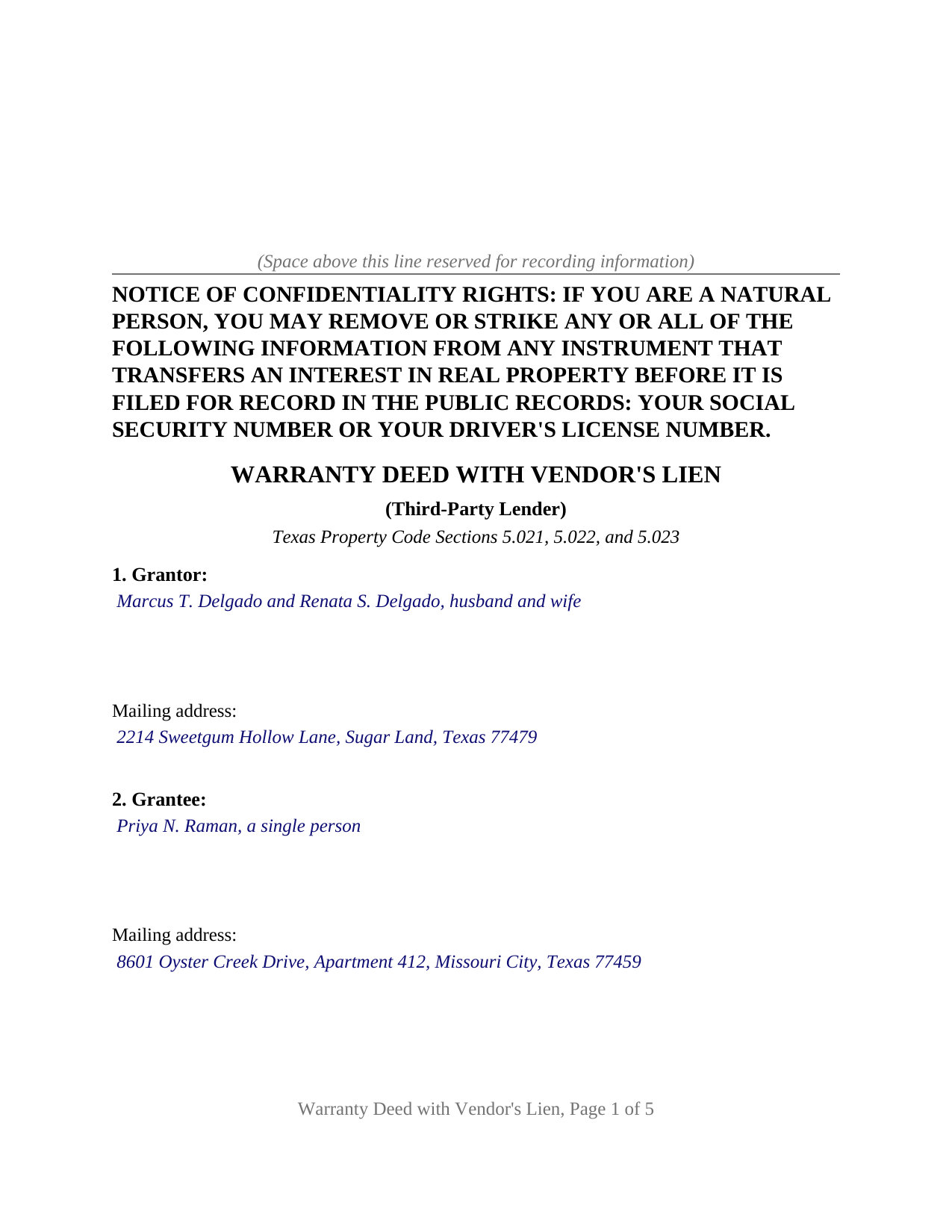 Bailey County Completed Example of the Warranty Deed with Vendors Lien (Third-Party Lender) Document