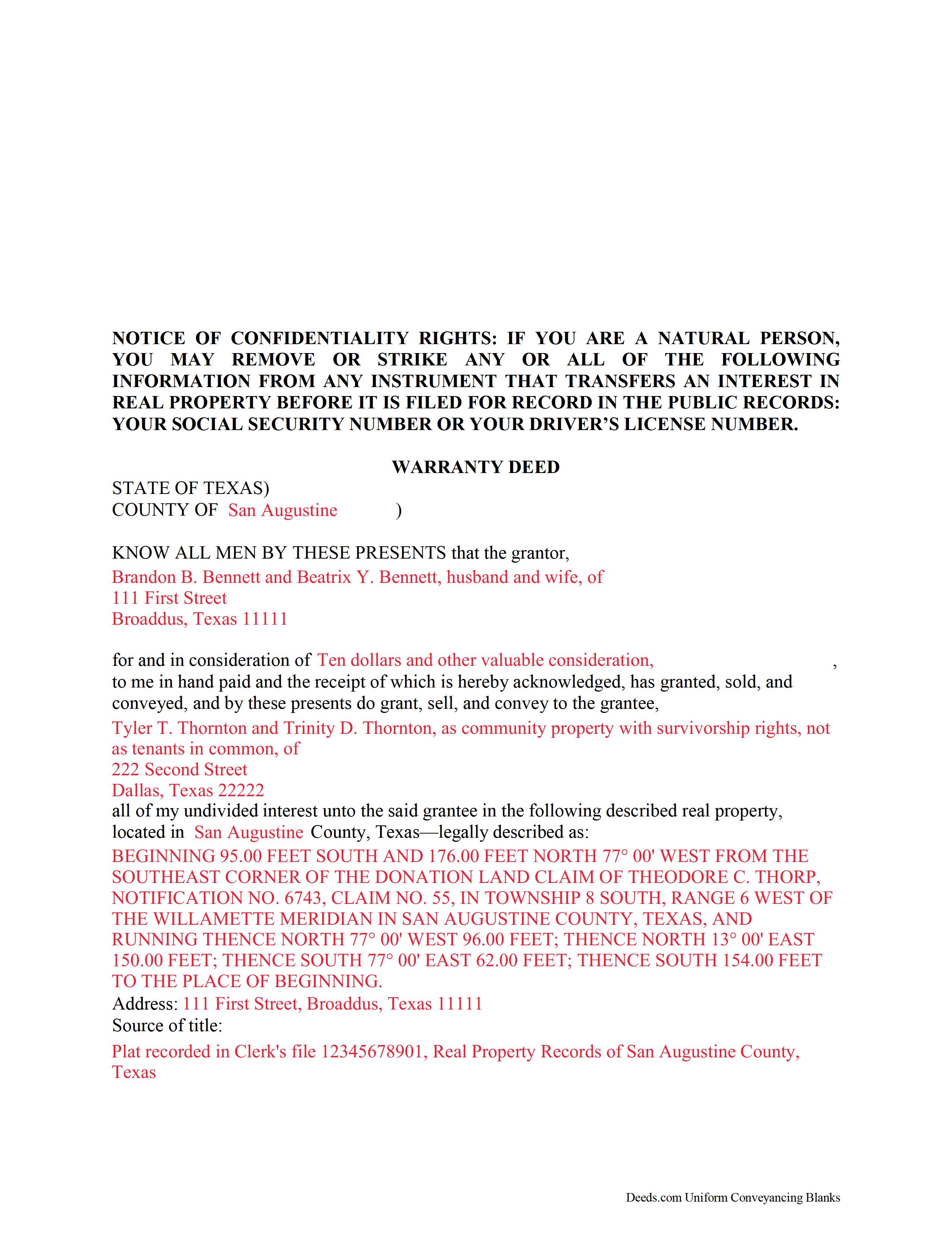 Liberty County Completed Example of the Warranty Deed Document