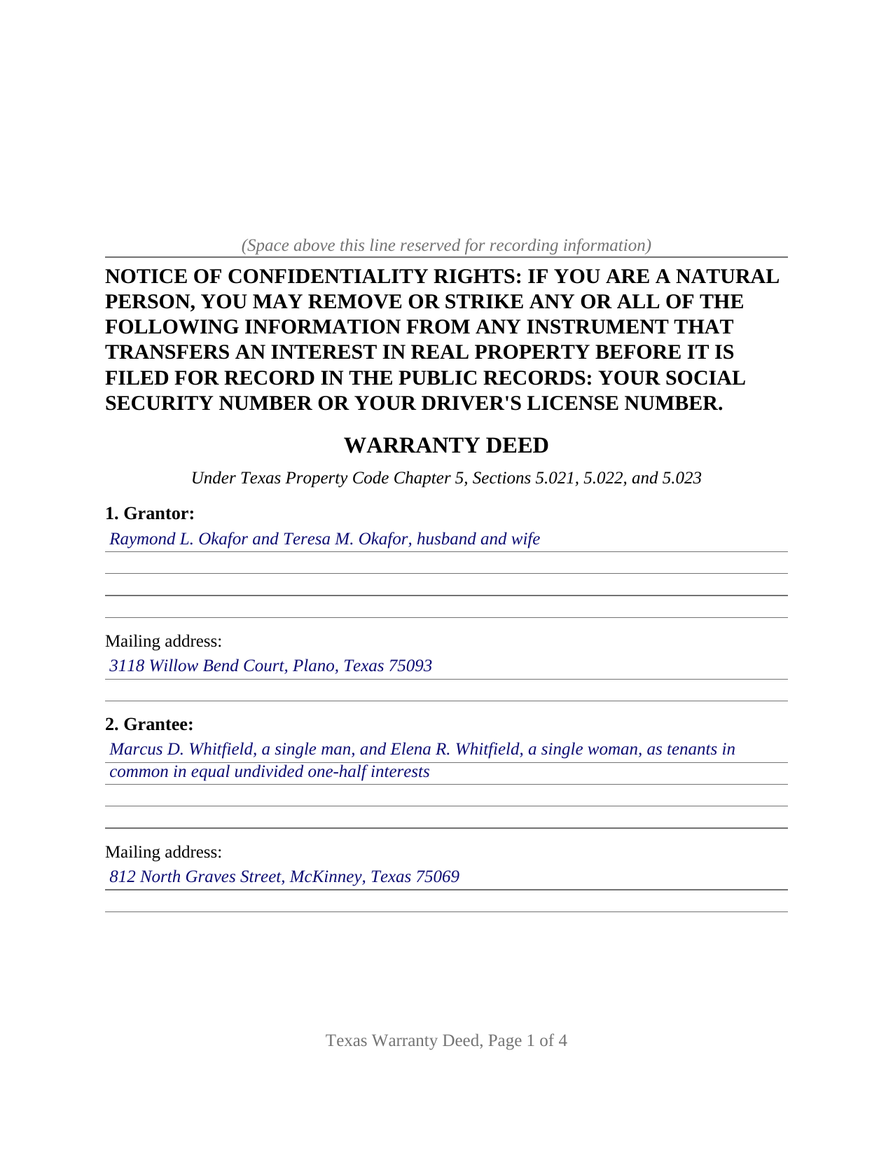 Bee County Completed Example of the Warranty Deed Document