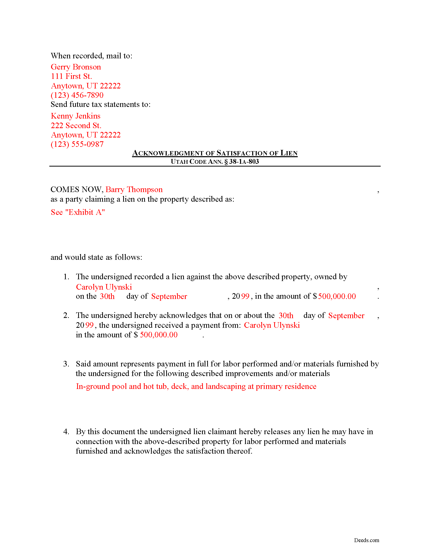 Davis County Completed Example of the Acknowledgment of Satisfaction Document