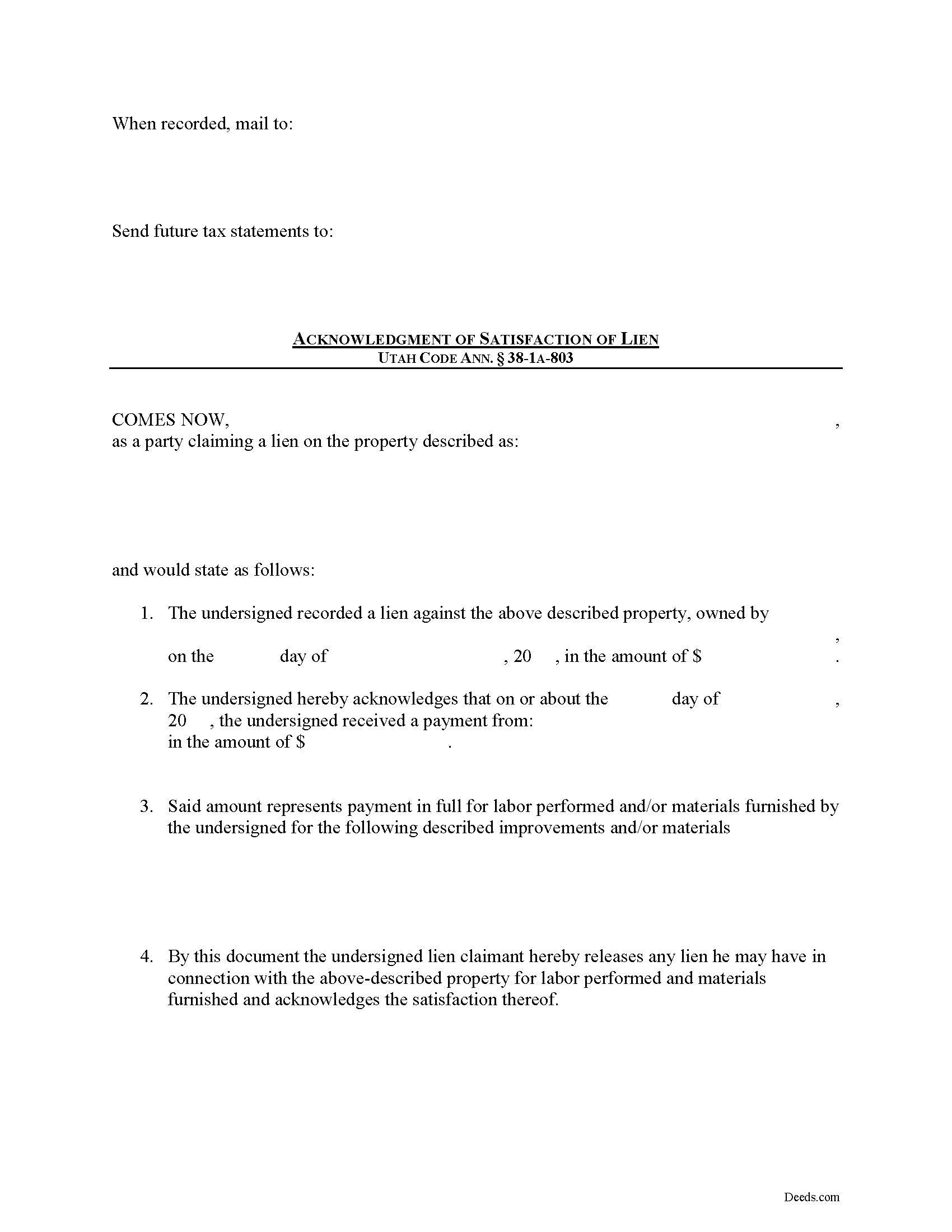 Davis County Acknowledgment of Satisfaction Form
