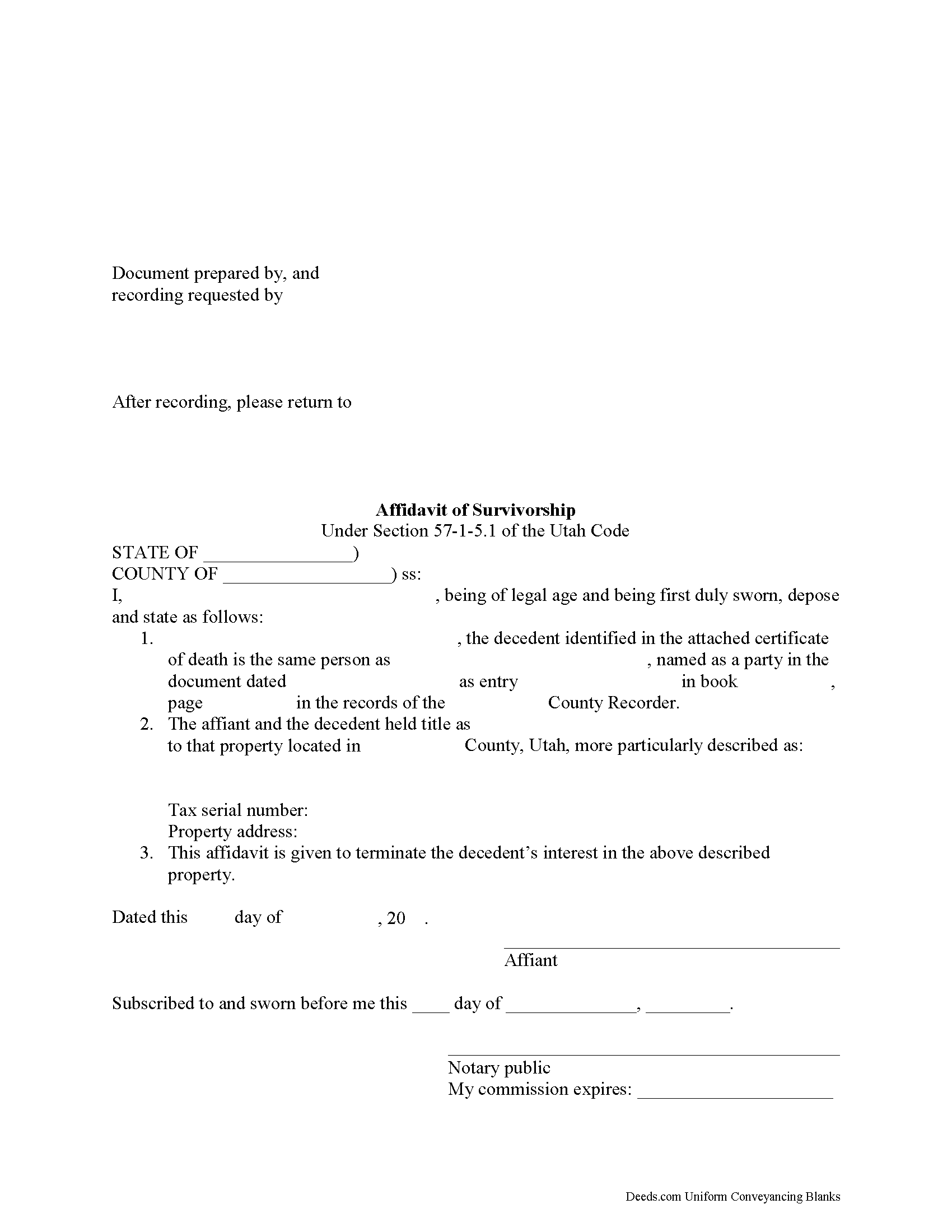 Davis County Affidavit of Surviving Joint Tenant Form