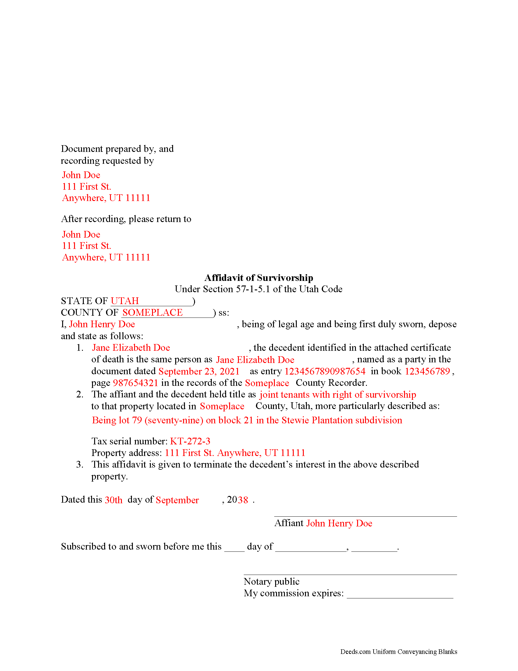 Completed Example of the Affidavit of Surviving Joint Tenant Document