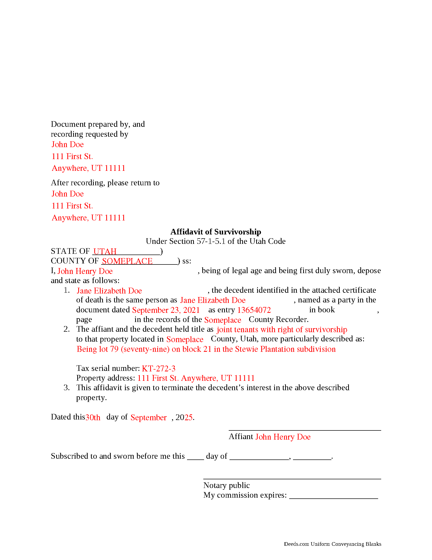 Summit County Completed Example of the Affidavit of Surviving Joint Tenant Document