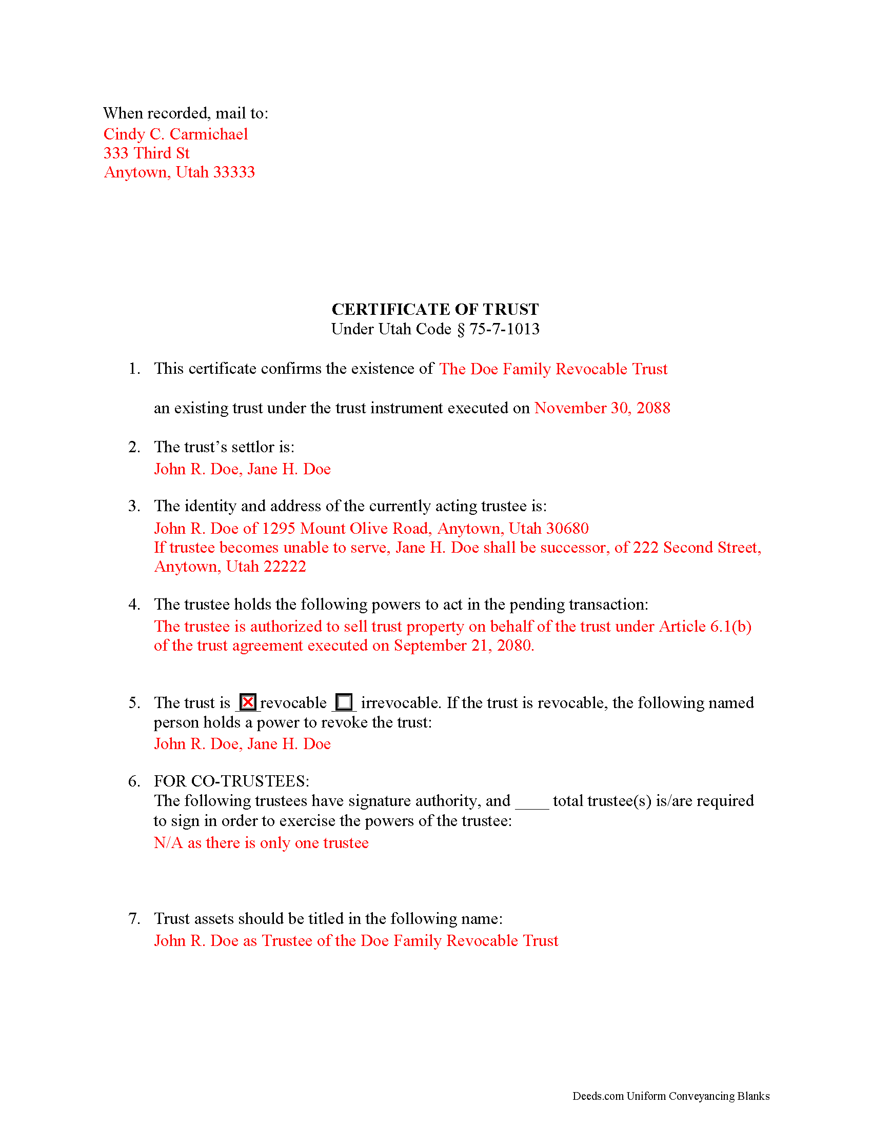 Wayne County Completed Example of the Certificate of Trust Document