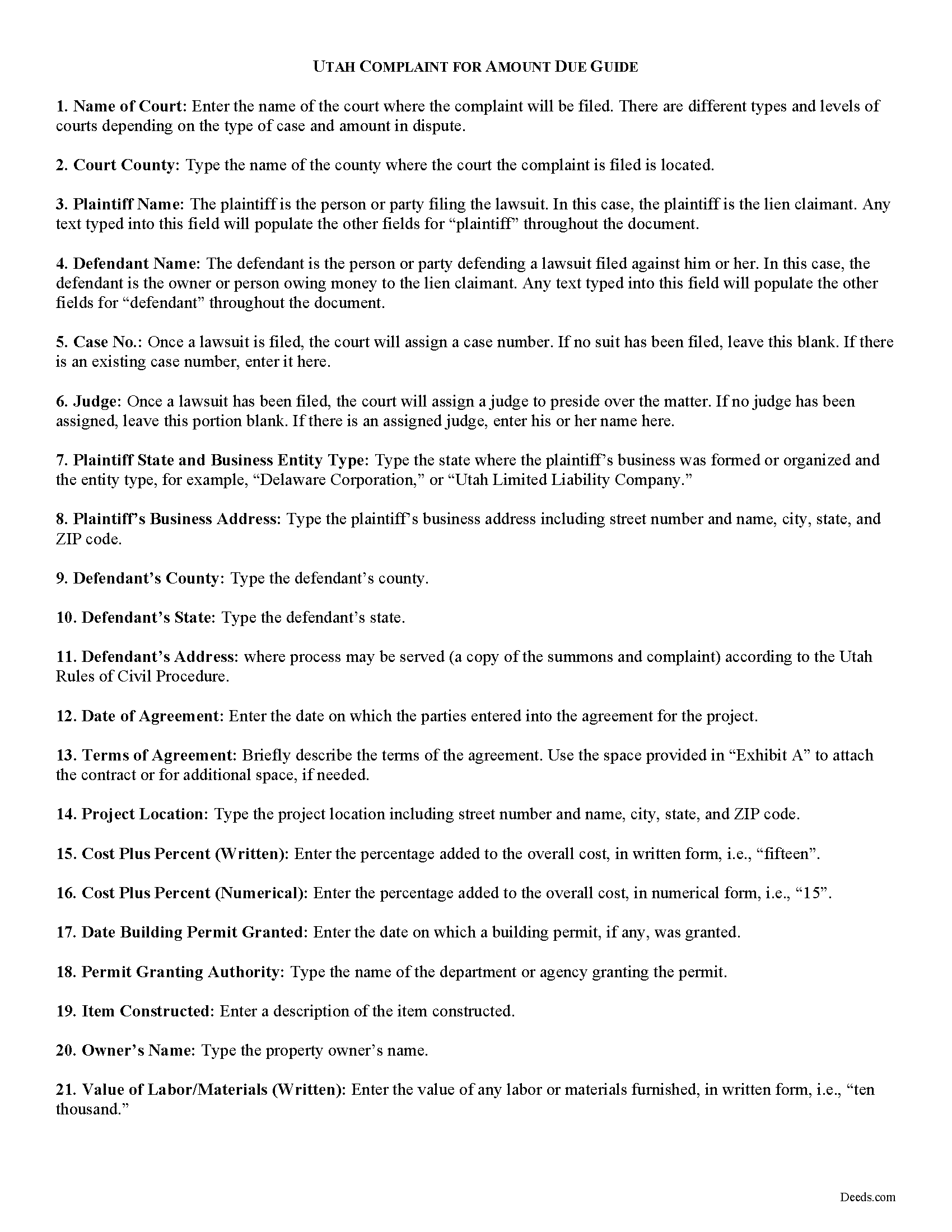 Davis County Complaint for Amount Owed Guide