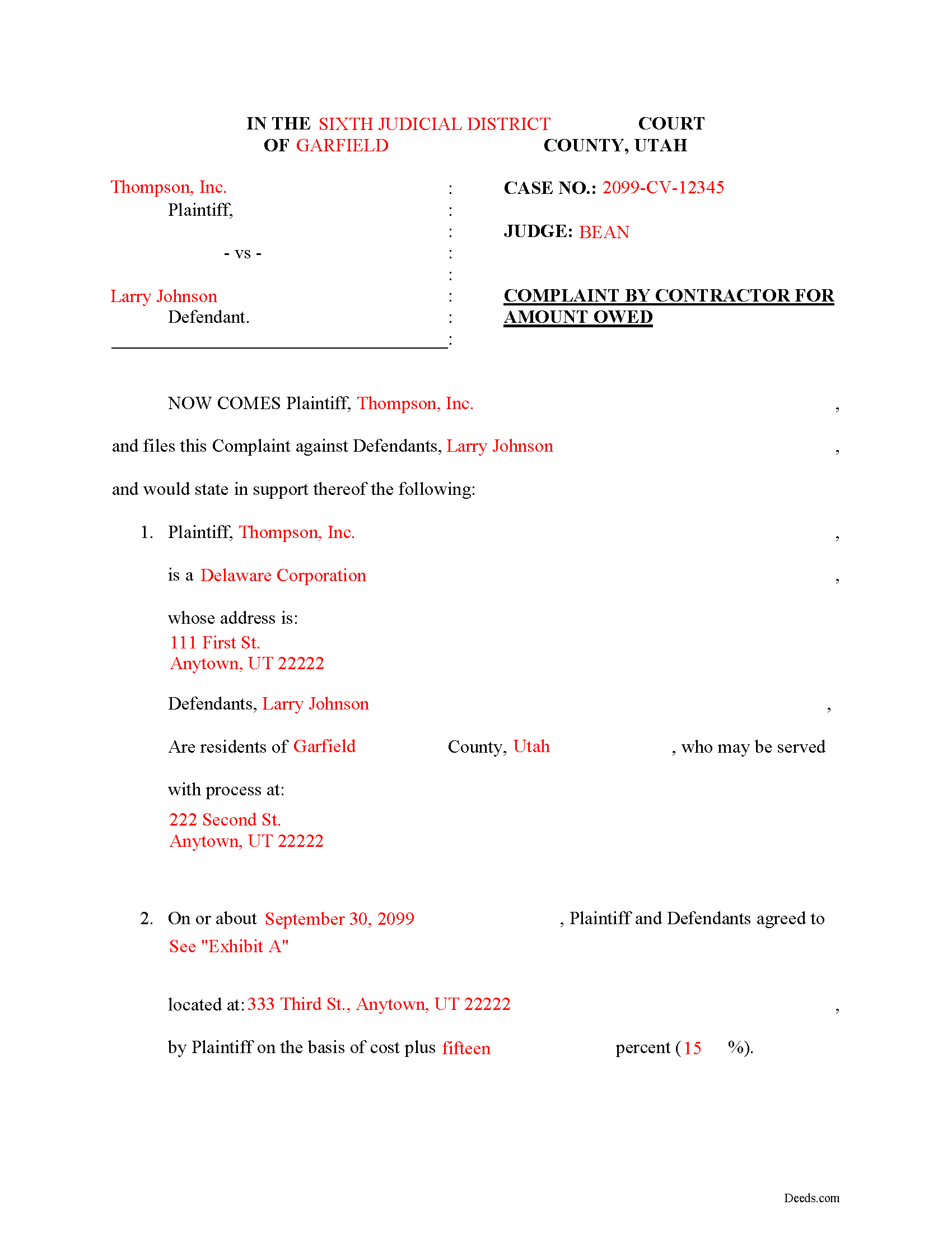 Davis County Completed Example of the Complaint for Amount Owed Document