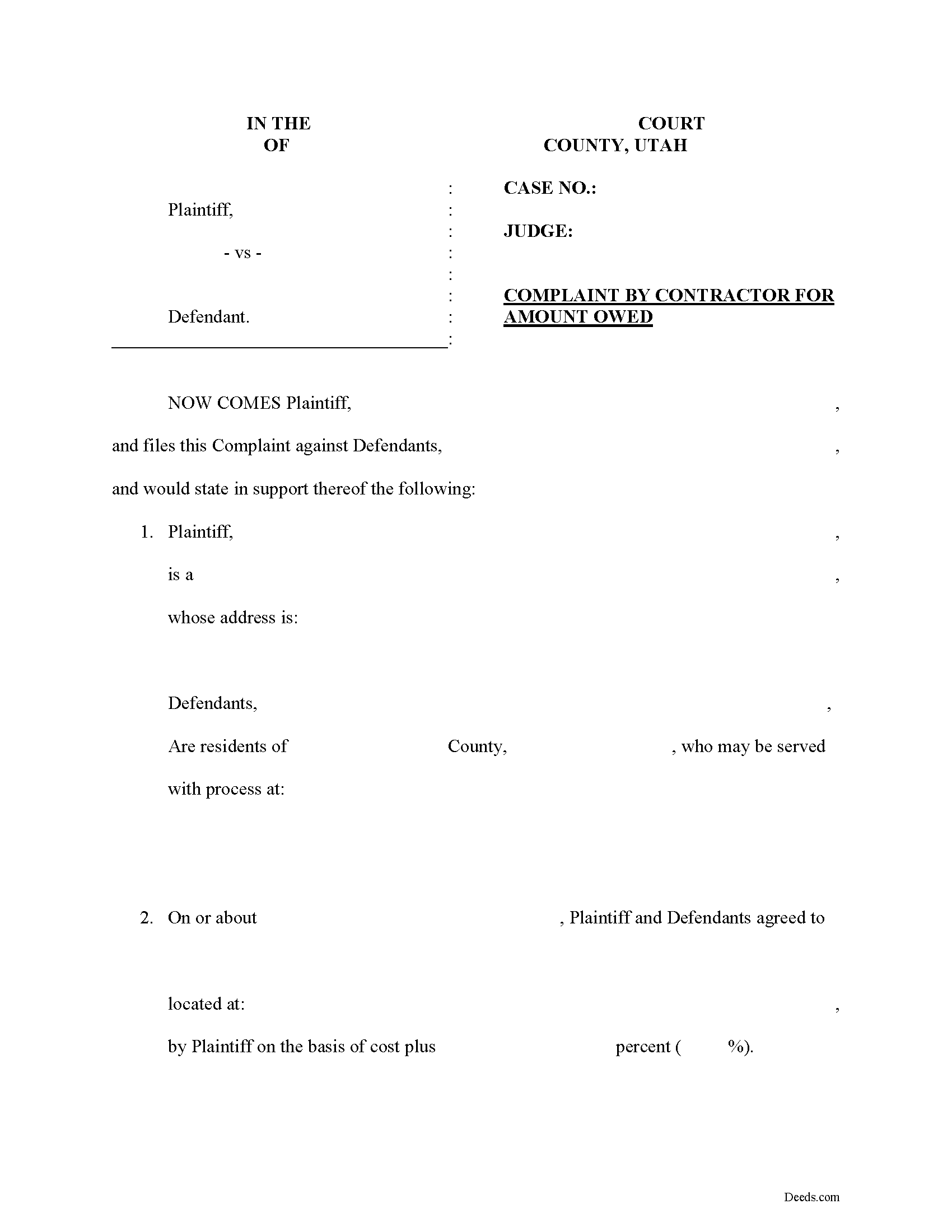 Davis County Complaint for Amount Owed Form