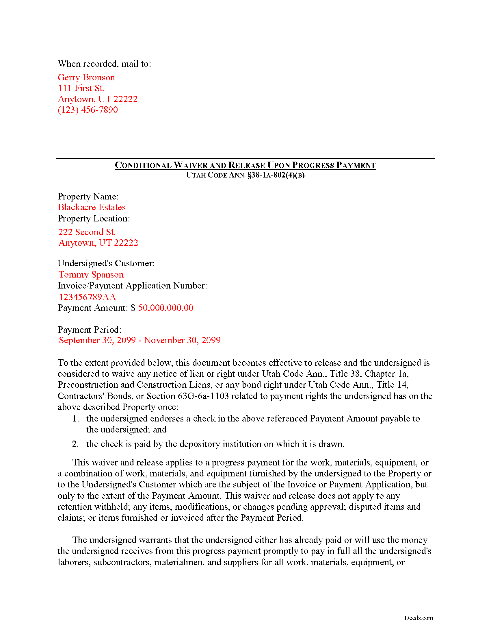 Tooele County Completed Example of the Conditional Lien Waiver on Progress Payment Document