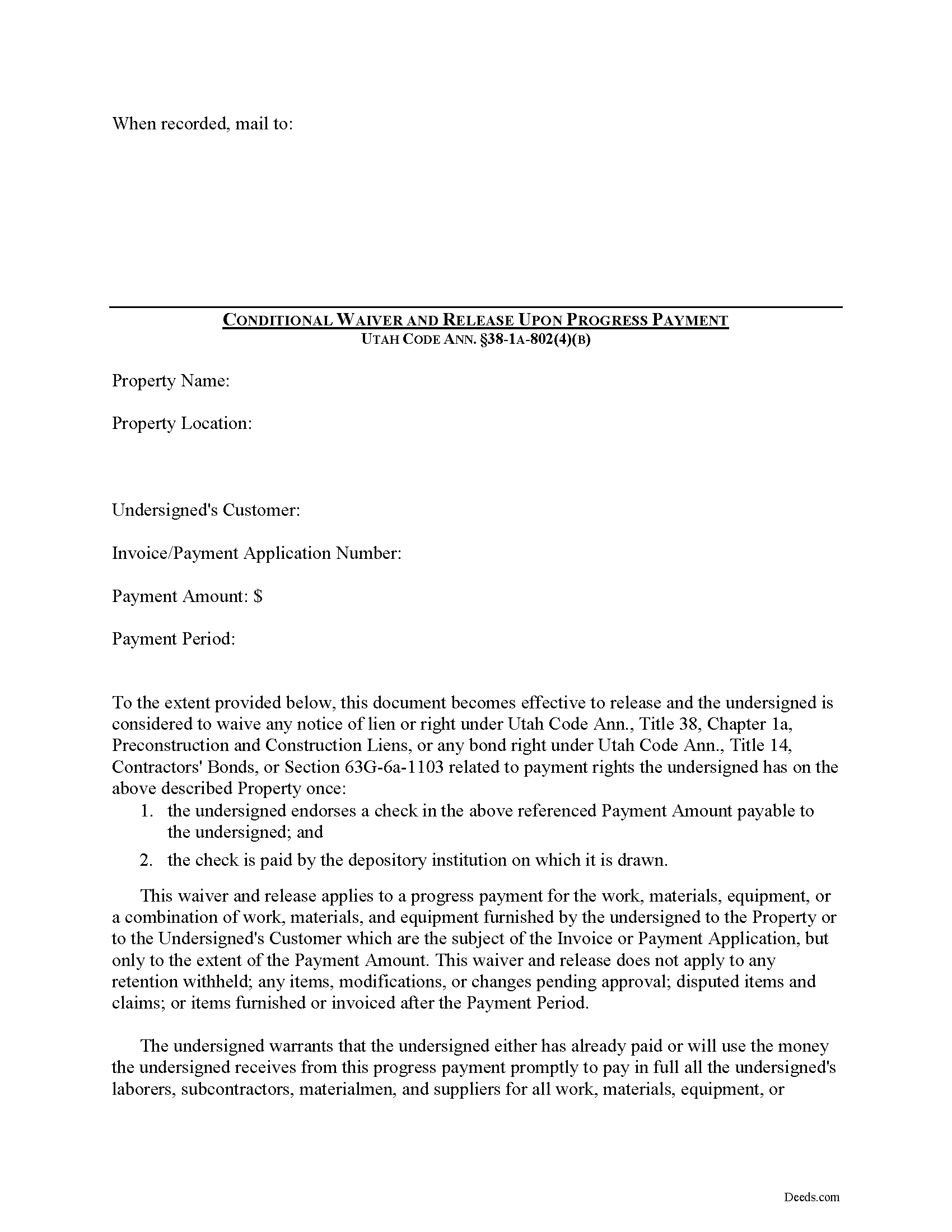 Tooele County Conditional Lien Waiver on Progress Payment Form