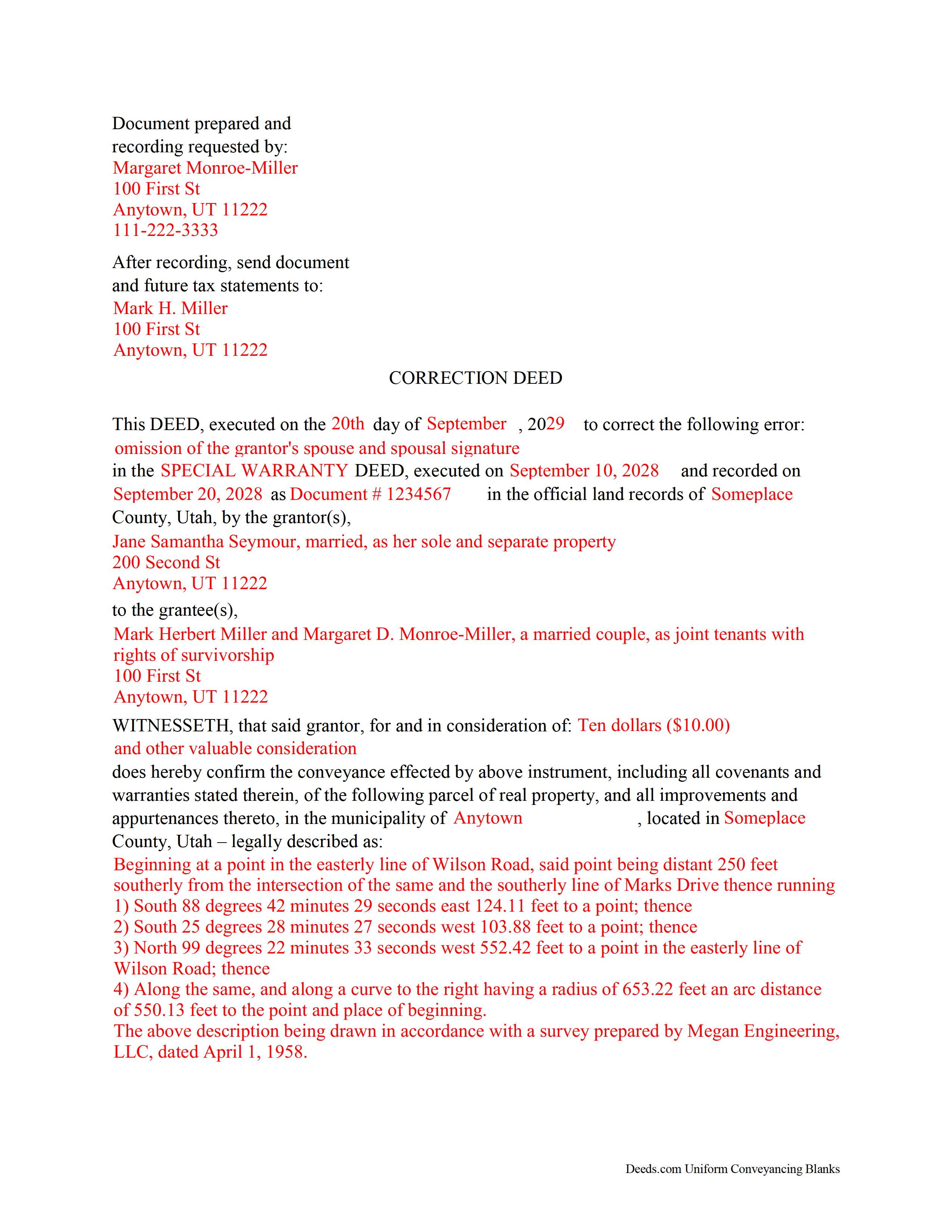 Wayne County Completed Example of a Correction Deed Document