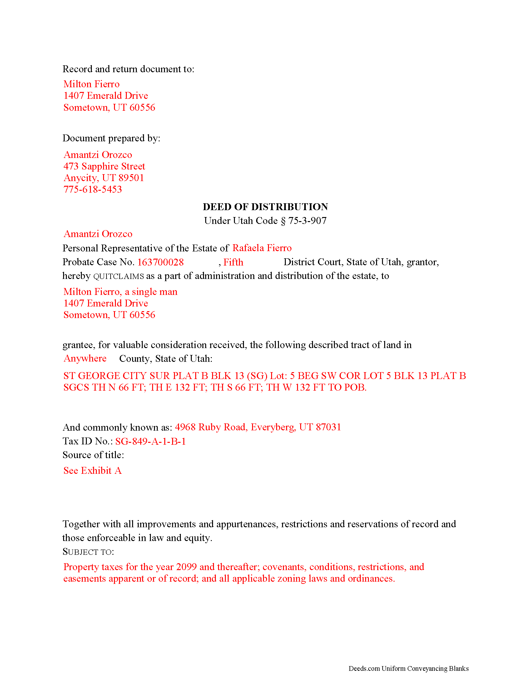 Davis County Completed Example of the Deed of Distribution Document
