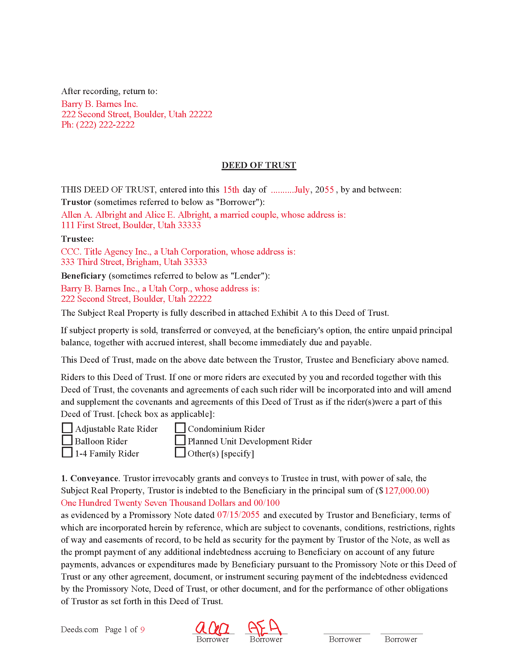 Wayne County Completed Example of the Deed of Trust Form