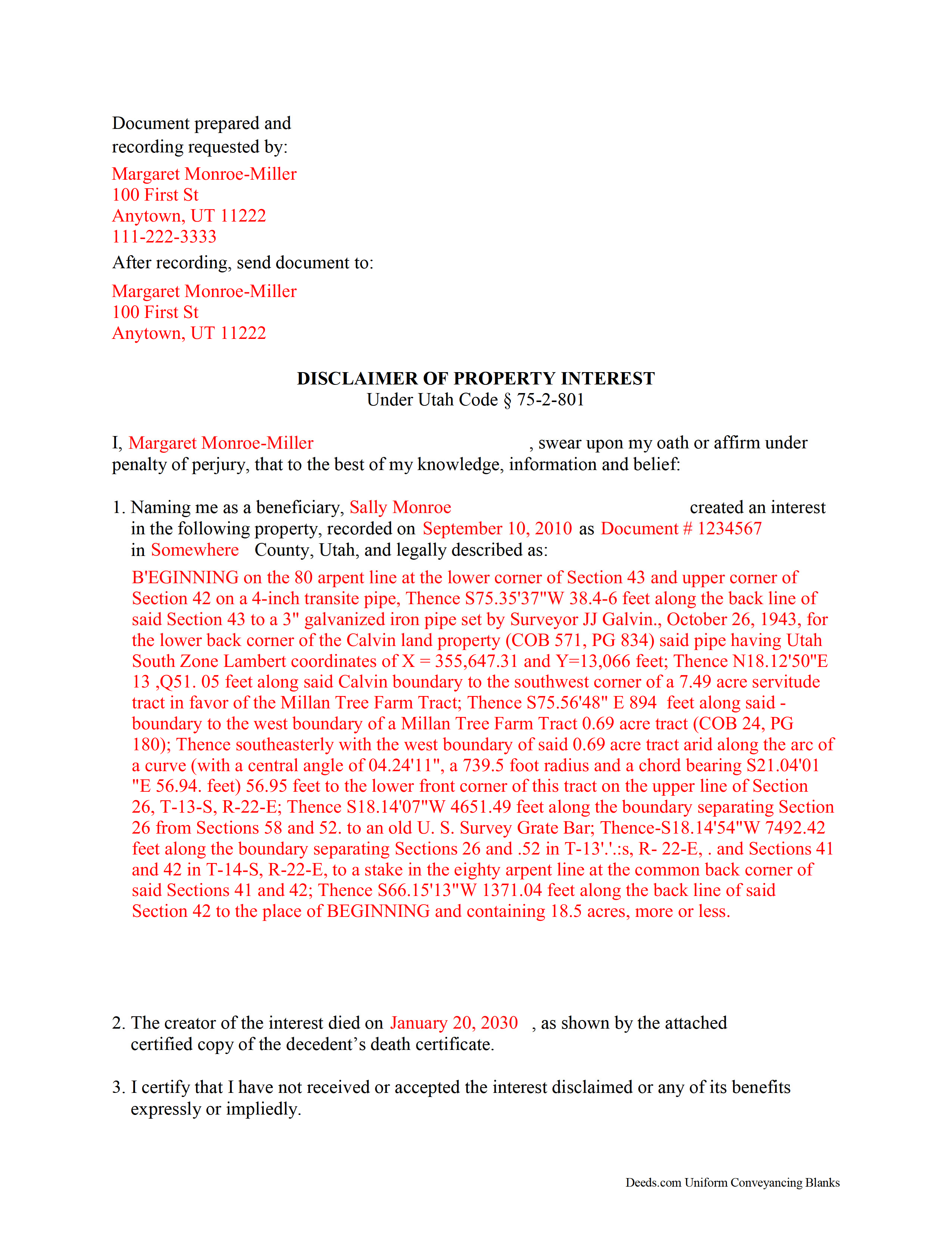 Davis County Completed Example of the Disclaimer of Interest Document