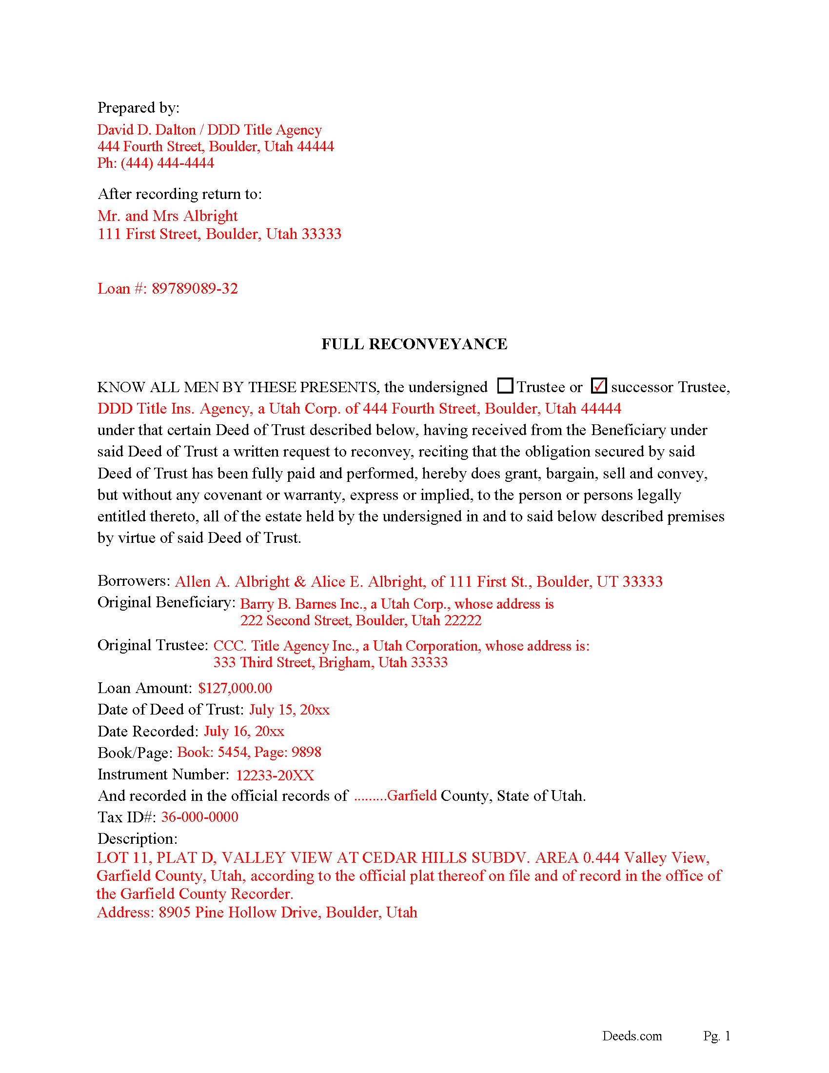 Davis County Completed Example of the Full Reconveyance Document