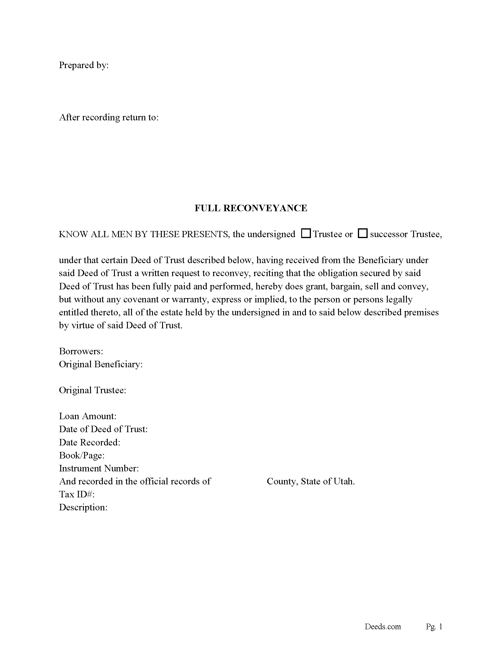 Davis County Full Reconveyance of Deed of Trust Form
