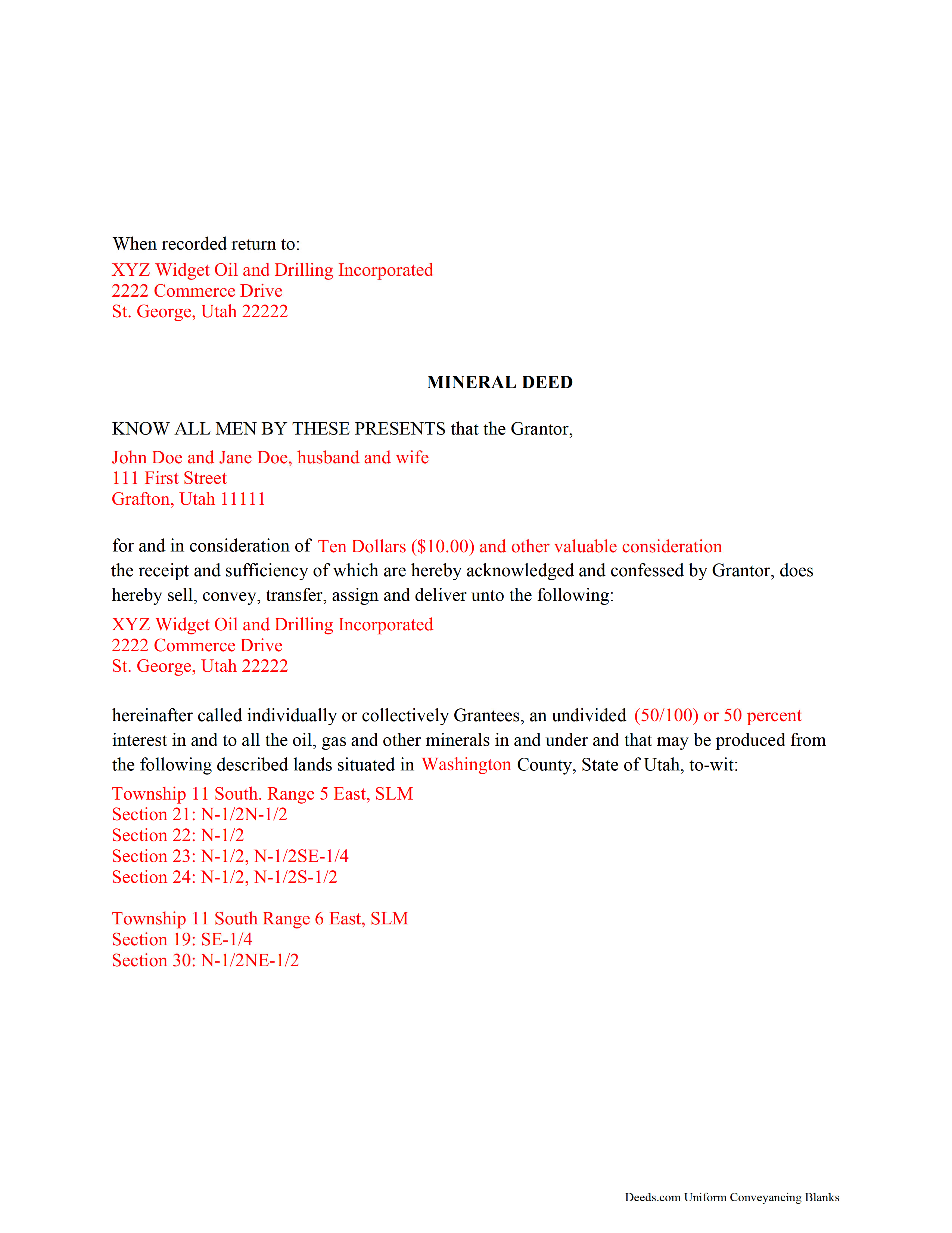 Completed Example of the Mineral Deed Form