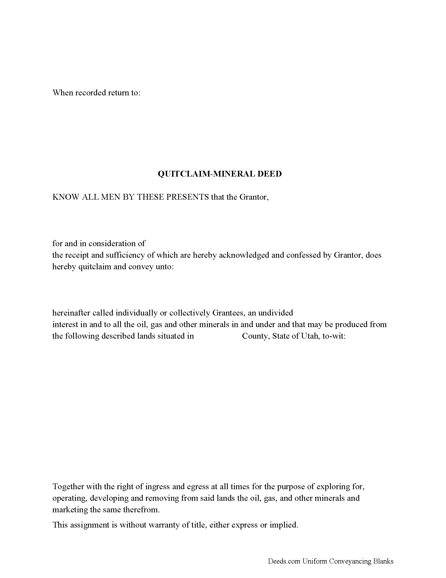Davis County Mineral Quitclaim Deed Form