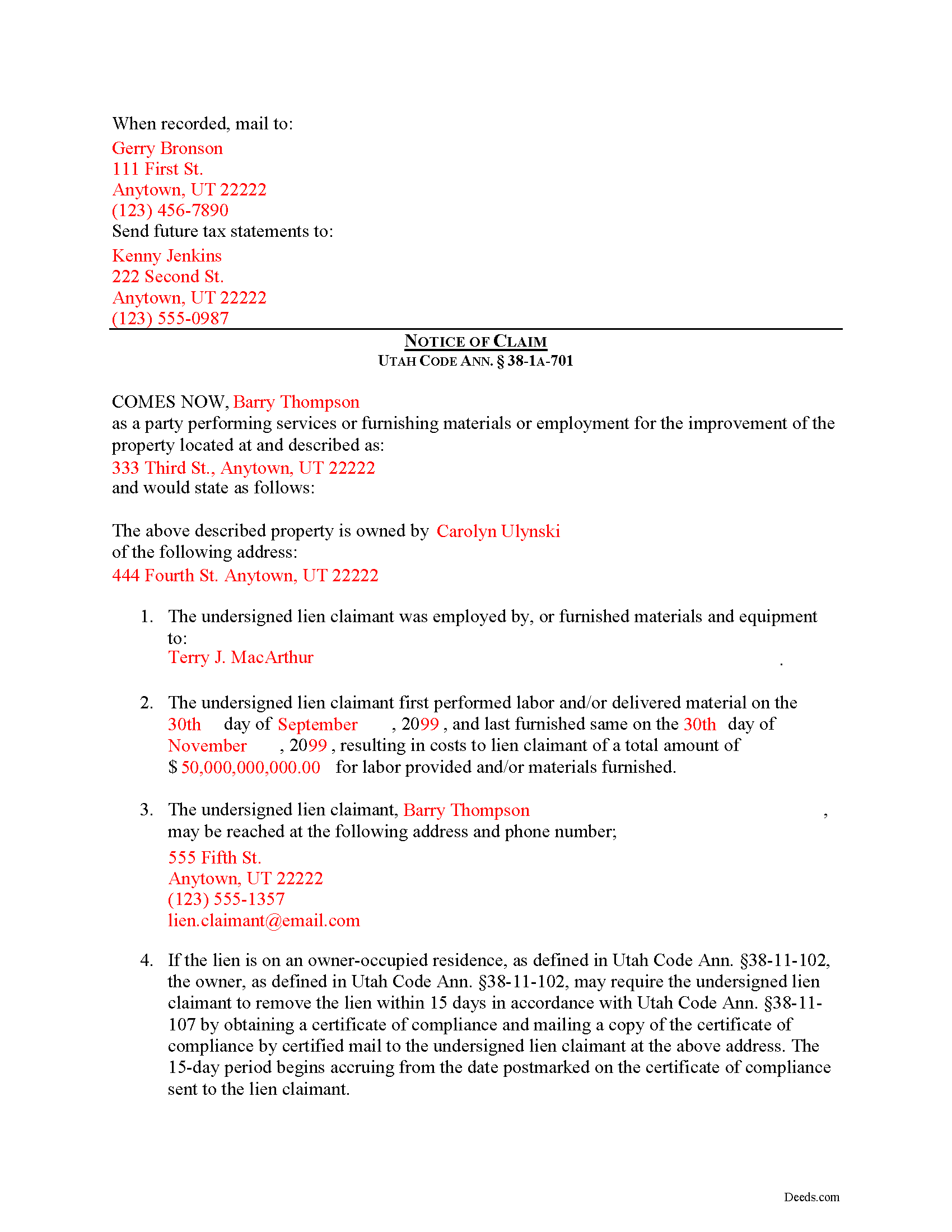Davis County Completed Example of the Notice of Claim Document