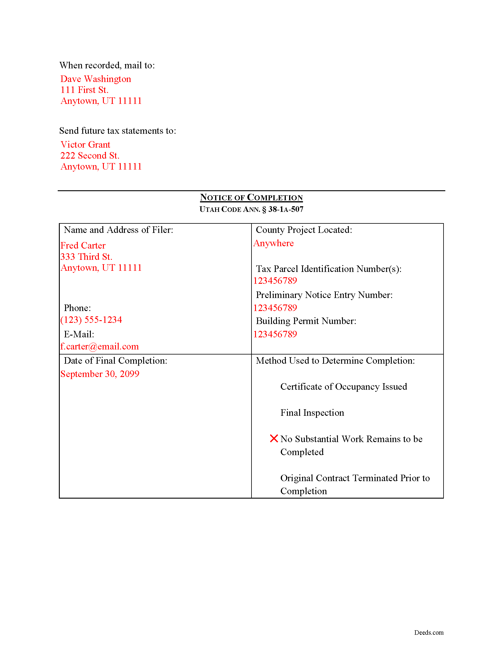 Davis County Completed Example of the Notice of Completion Document