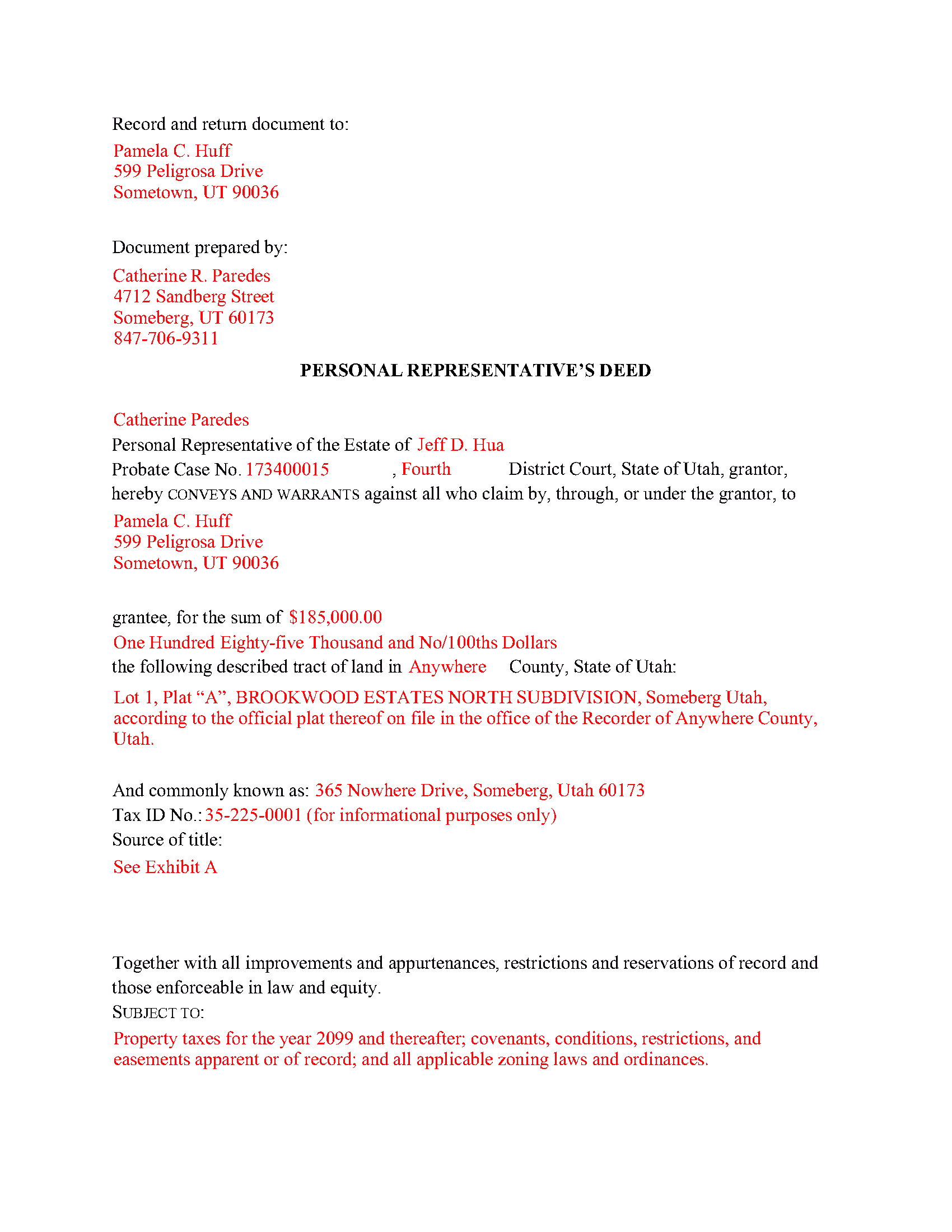 Davis County Completed Example of the Personal Representative Deed Document