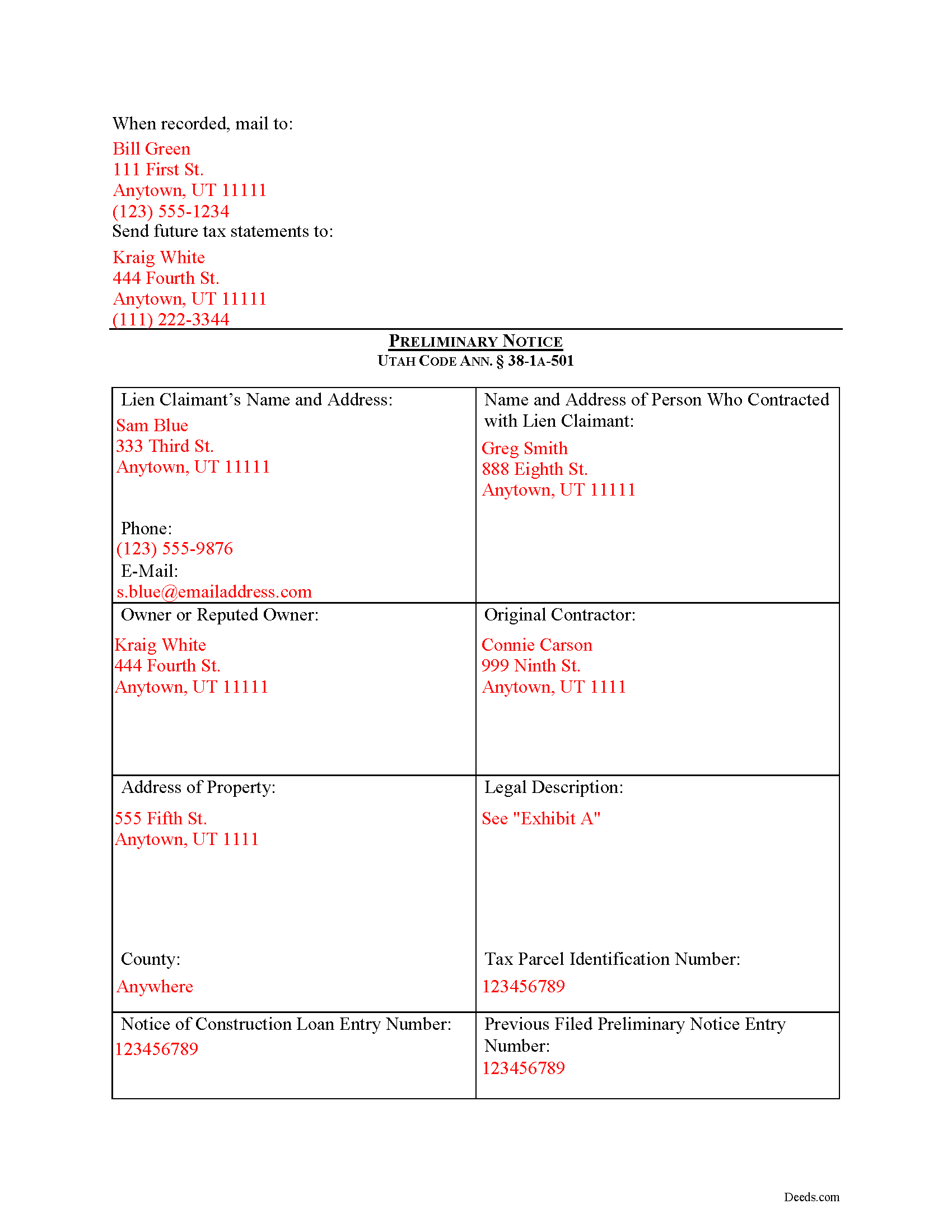 Completed Example of the Preliminary Notice of Lien Document