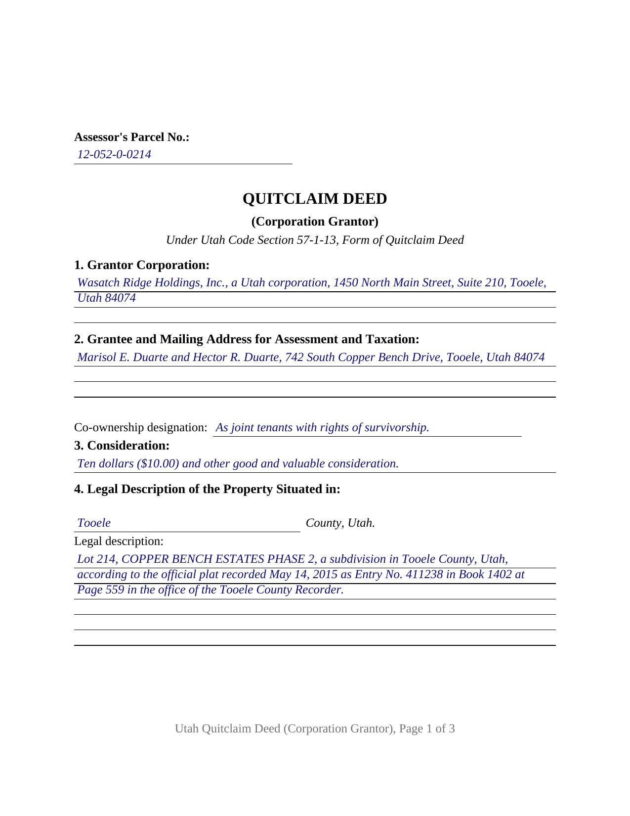 Kane County Completed Example of the Quitclaim Deed (Corporation Grantor) Document