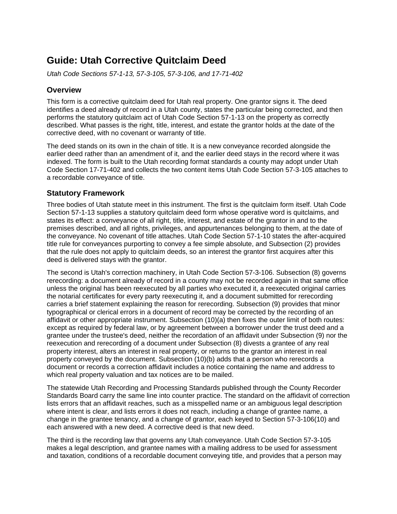 Duchesne County Quitclaim Deed (Corrective) Guide