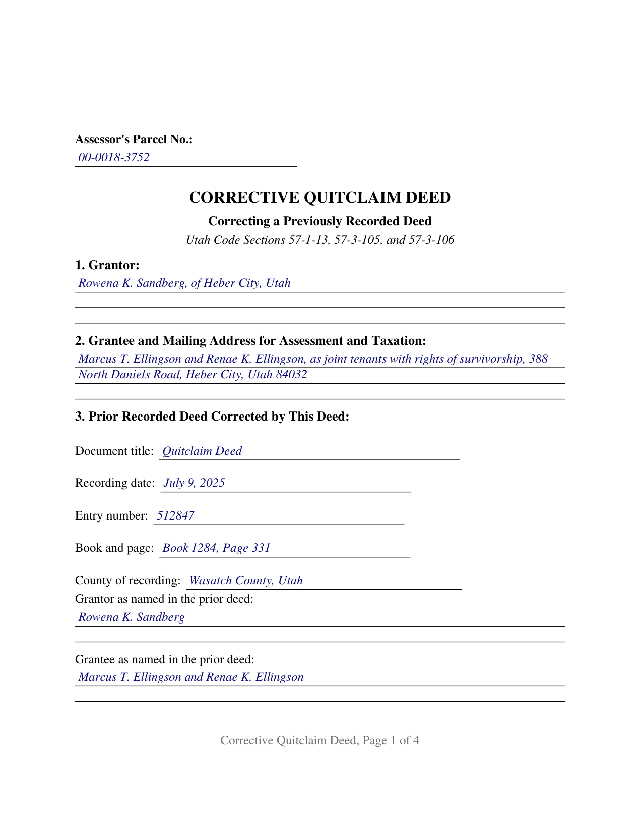 Duchesne County Completed Example of the Quitclaim Deed (Corrective) Document