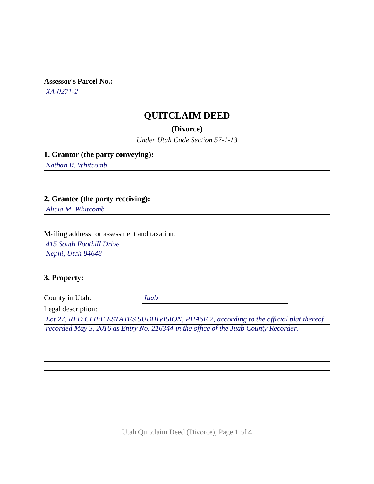 Wasatch County Completed Example of the Quitclaim Deed (Divorce) Document