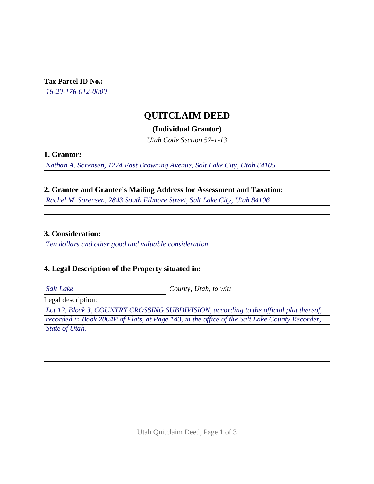 Wayne County Completed Example of the Quitclaim Deed (Individual Grantor) Document