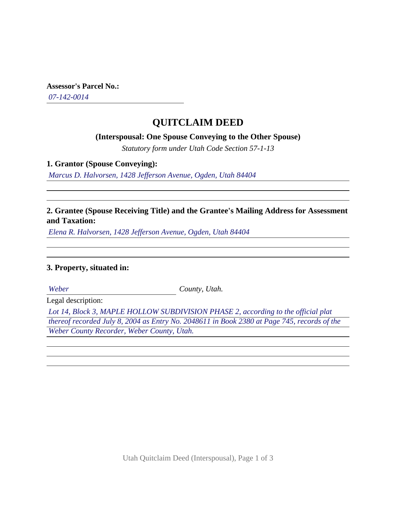 Piute County Completed Example of the Quitclaim Deed (Interspousal) Document