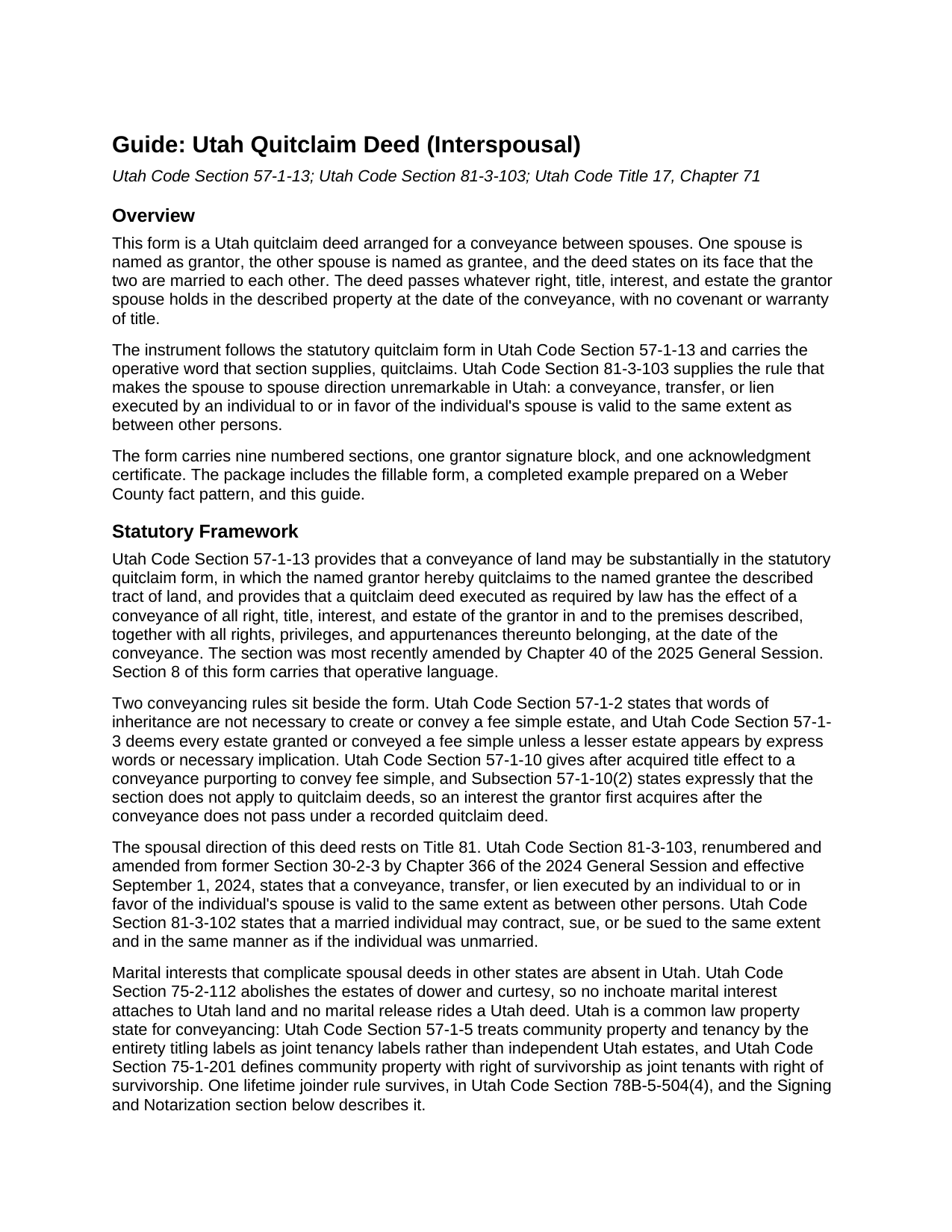 Piute County Quitclaim Deed (Interspousal) Guide
