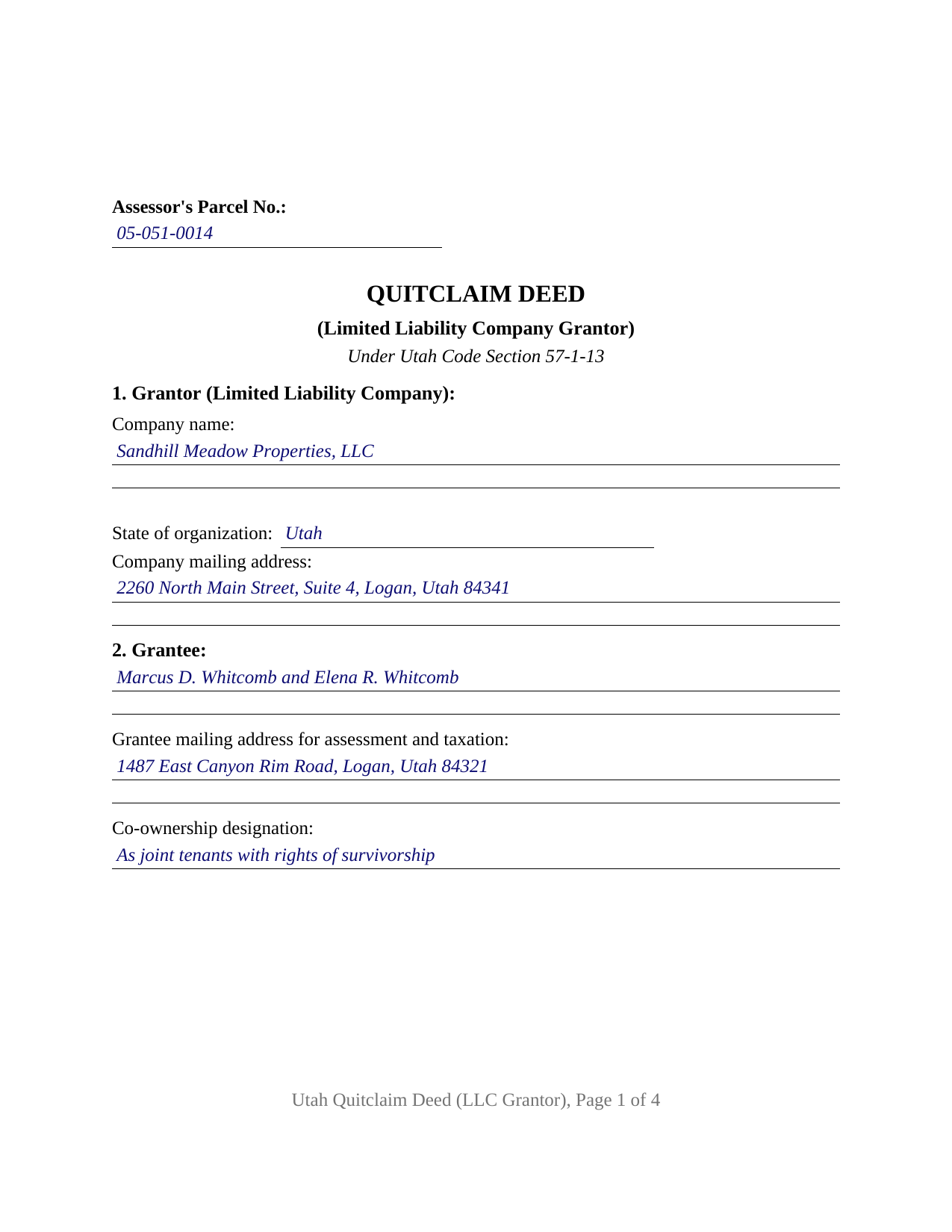 Daggett County Completed Example of the Quitclaim Deed (LLC Grantor) Document