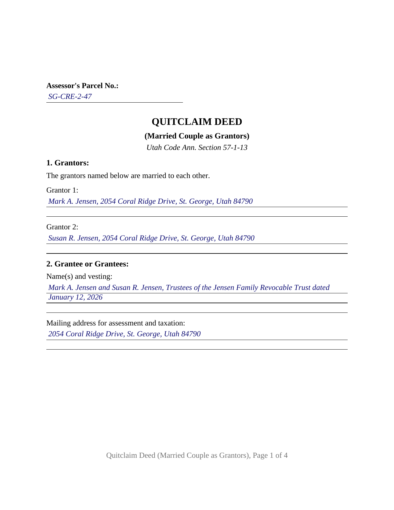 Tooele County Completed Example of the Quitclaim Deed (Married Couple as Grantors) Document