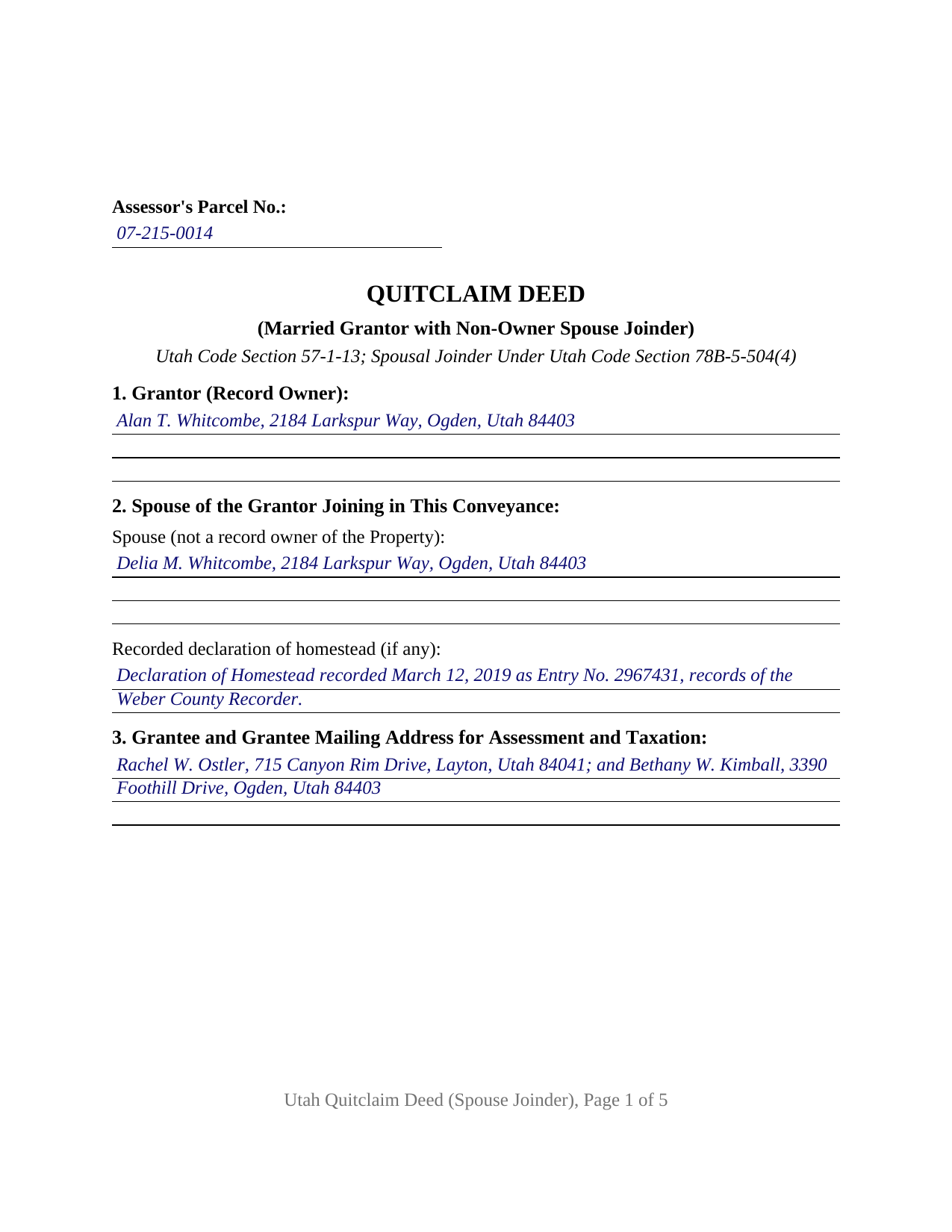 Emery County Completed Example of the Quitclaim Deed (Married Grantor with Non-Owner Spouse Joinder) Document