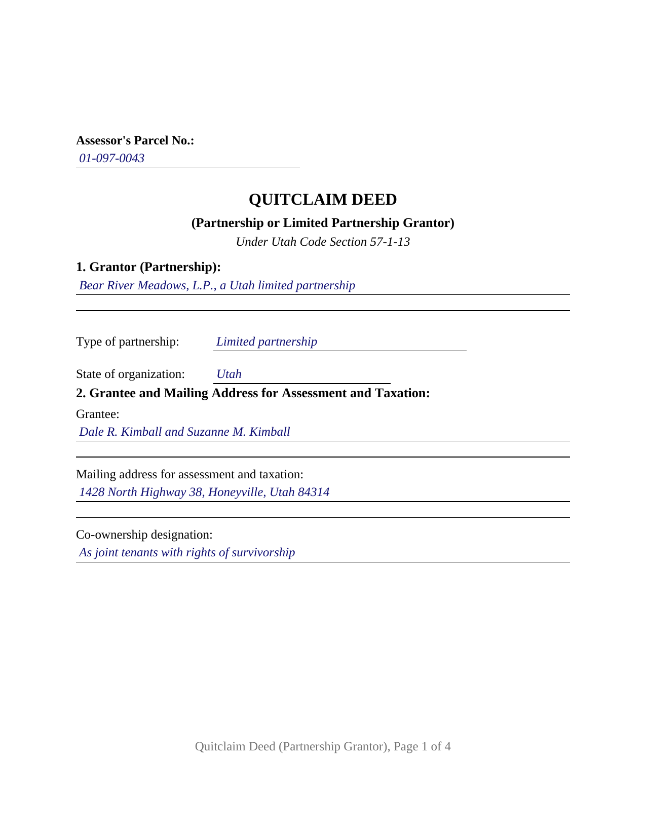 Washington County Completed Example of the Quitclaim Deed (Partnership or Limited Partnership Grantor) Document