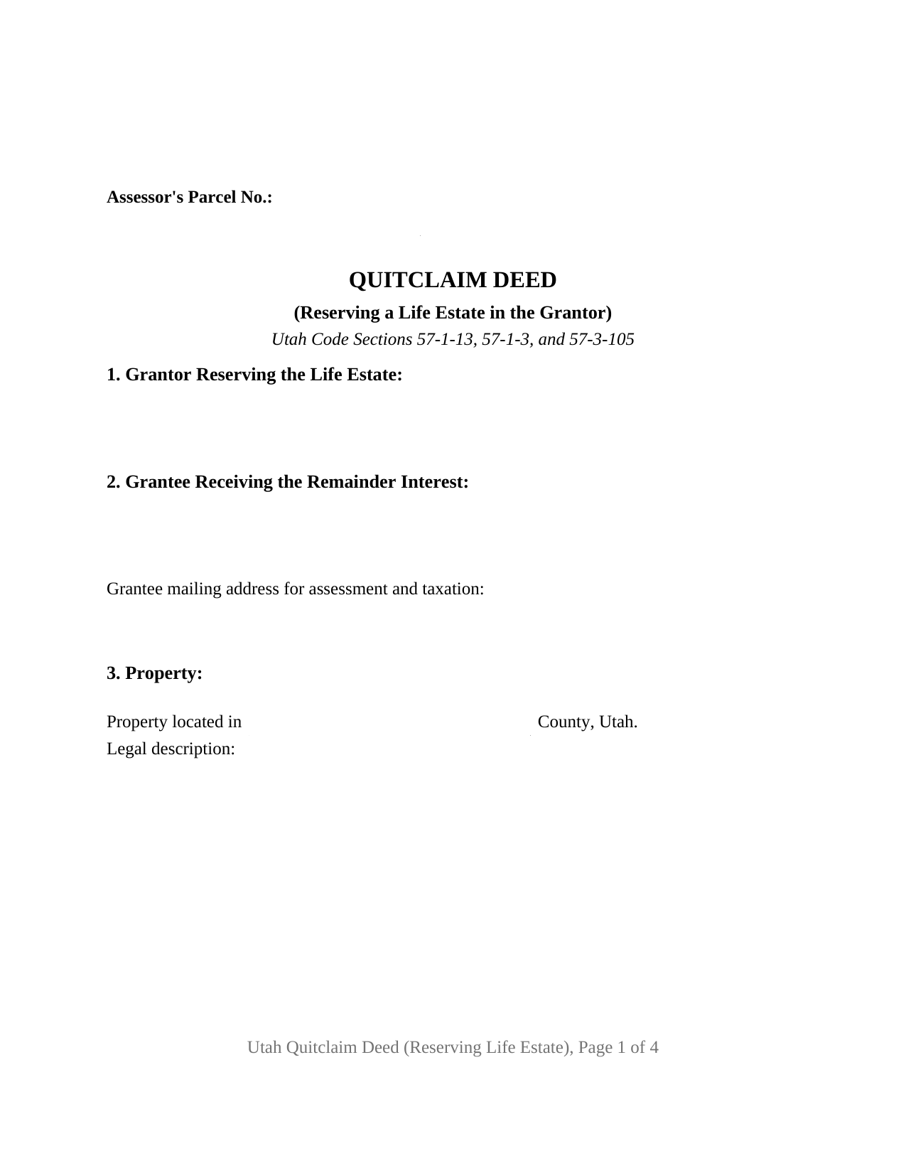 Kane County Quitclaim Deed (Reserving Life Estate) Form