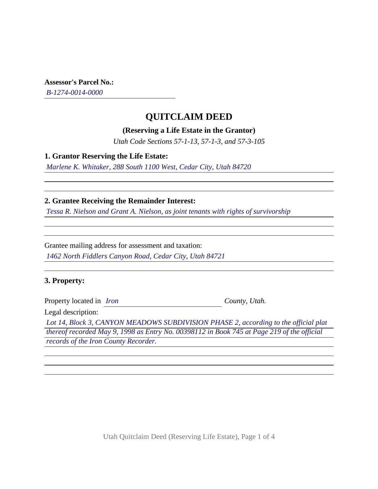 Kane County Completed Example of the Quitclaim Deed (Reserving Life Estate) Document