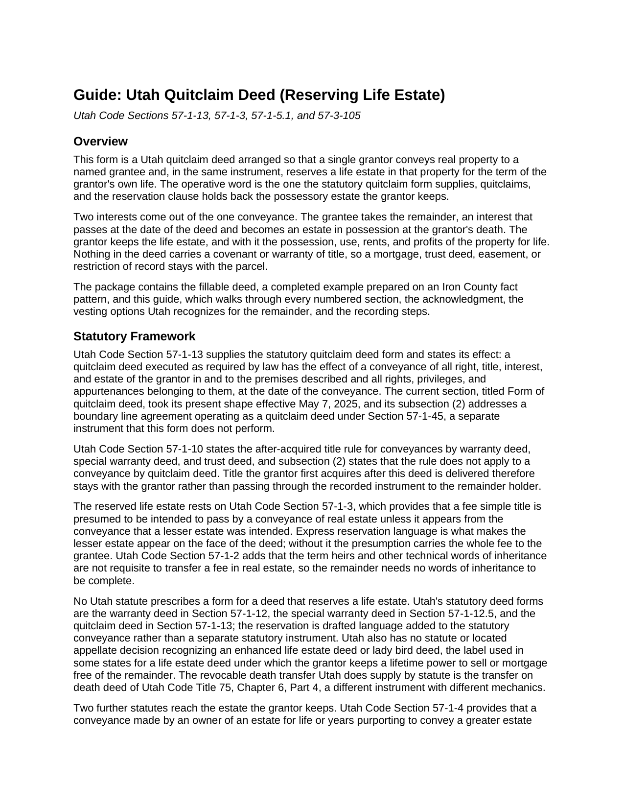 Kane County Quitclaim Deed (Reserving Life Estate) Guide