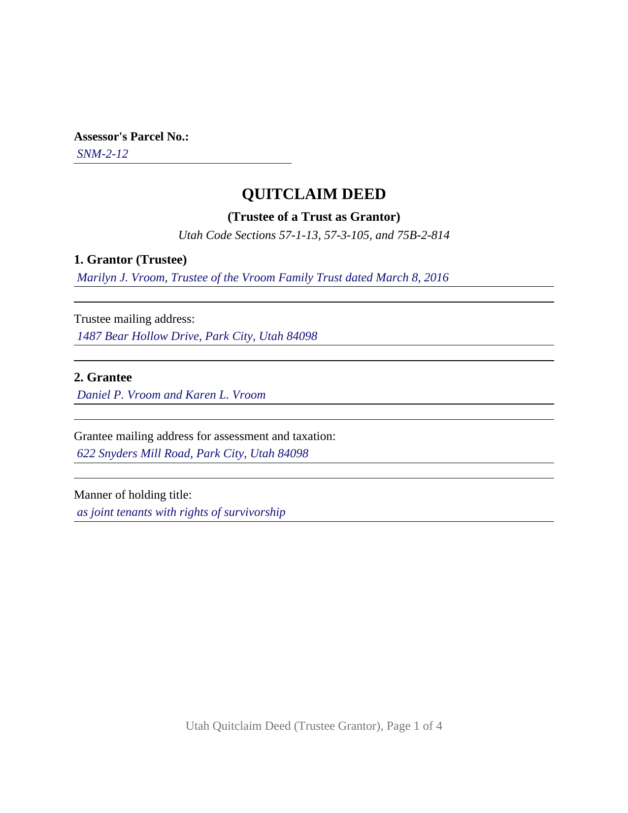Washington County Completed Example of the Quitclaim Deed (Trustee Grantor) Document