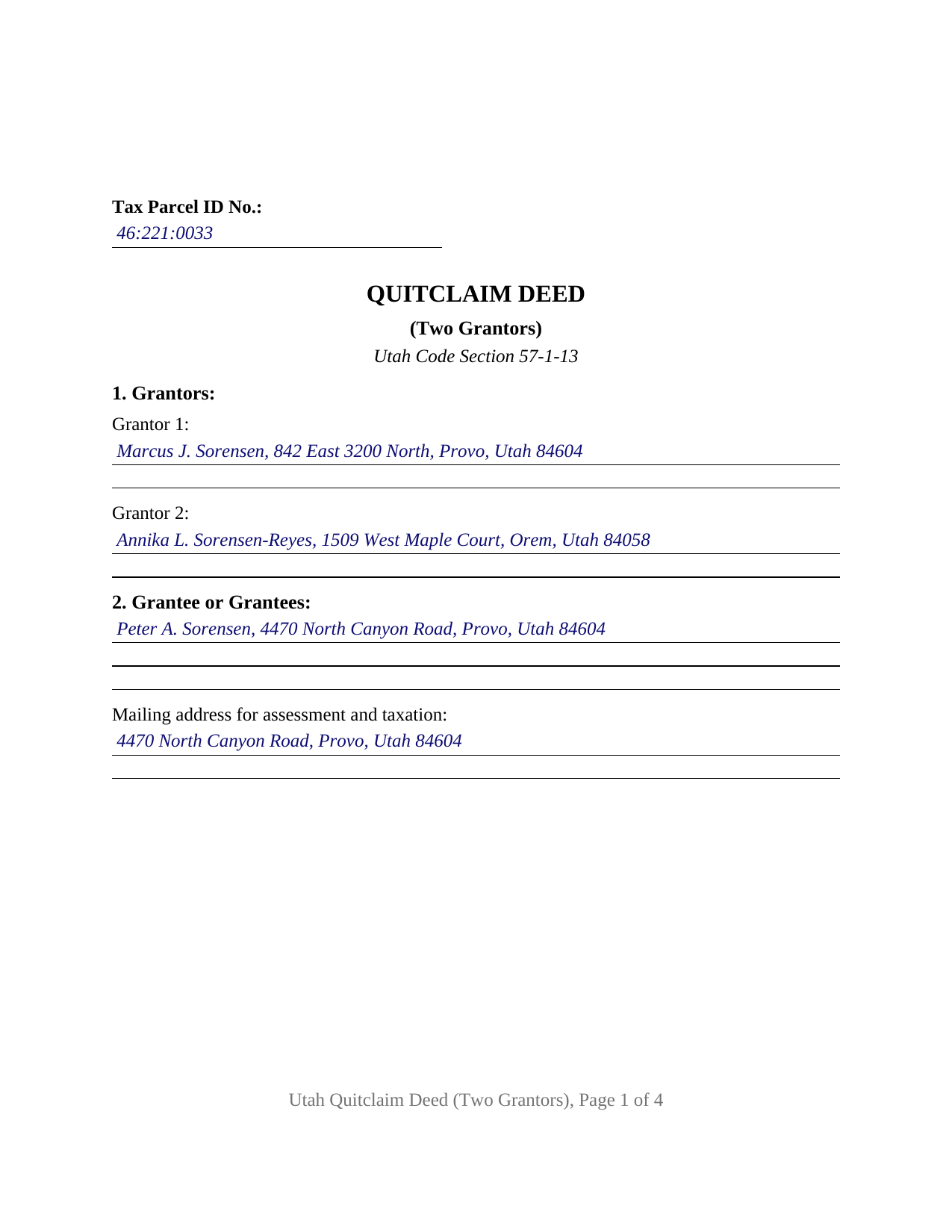 Daggett County Completed Example of the Quitclaim Deed (Two Grantors) Document
