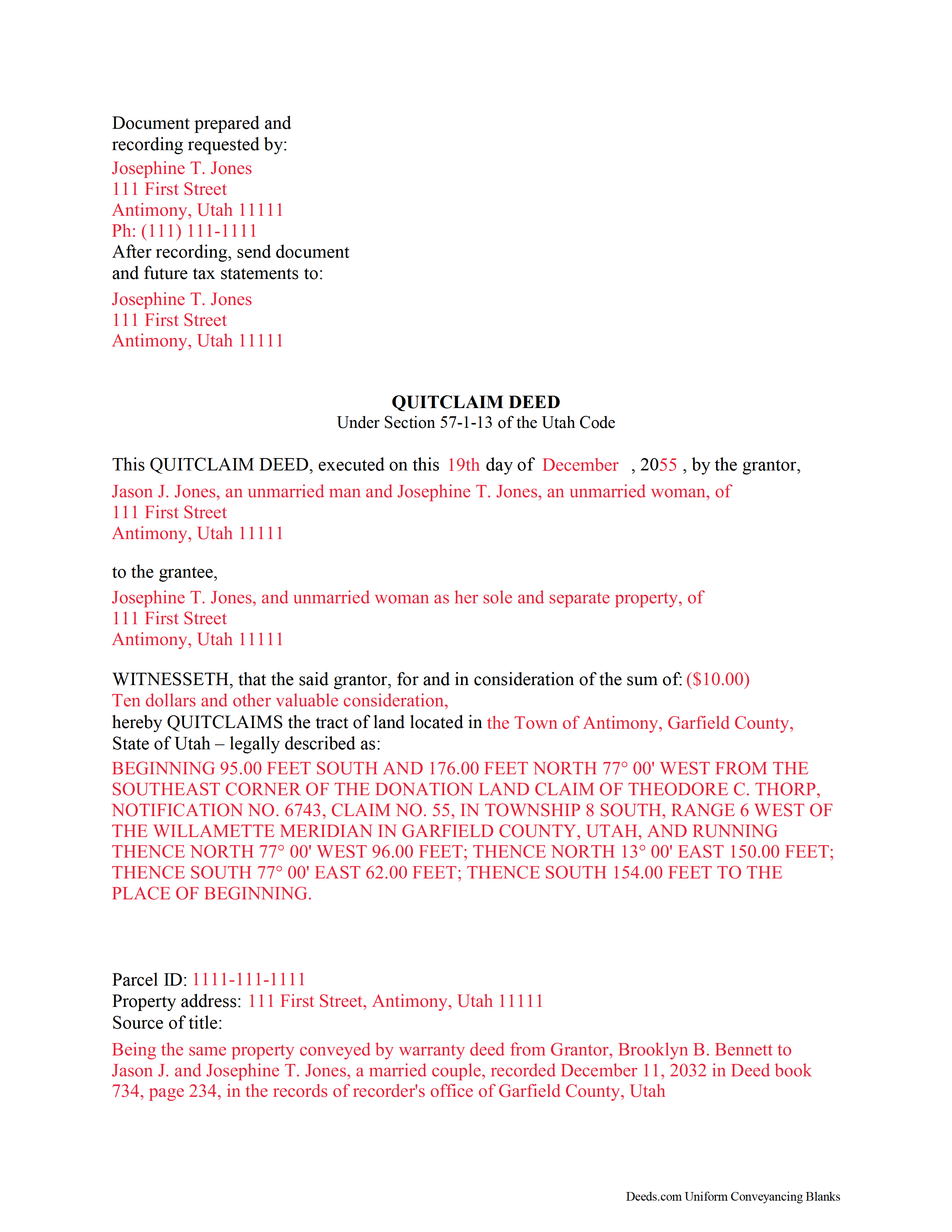 Completed Example of the Quitclaim Deed Document