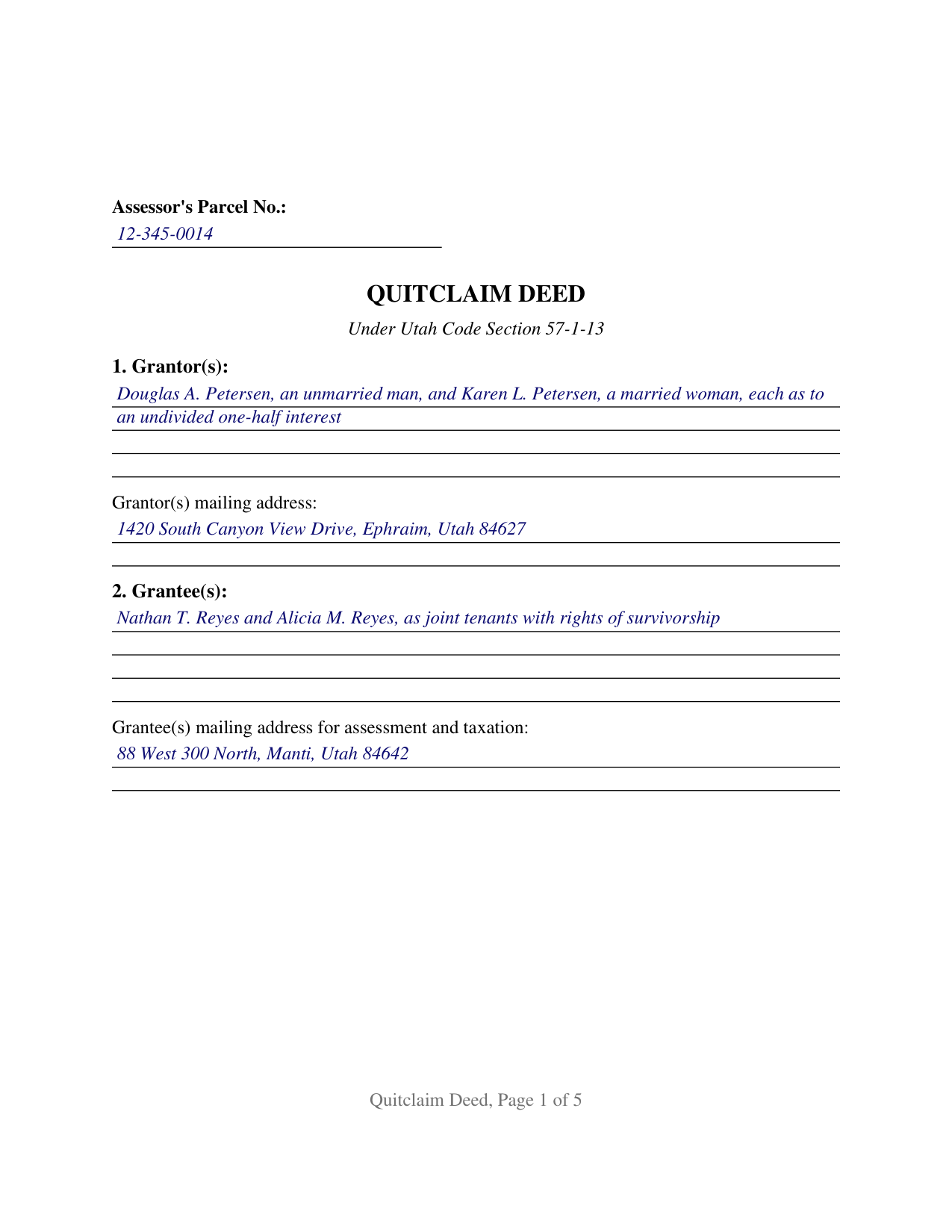 Cache County Completed Example of the Quitclaim Deed Document