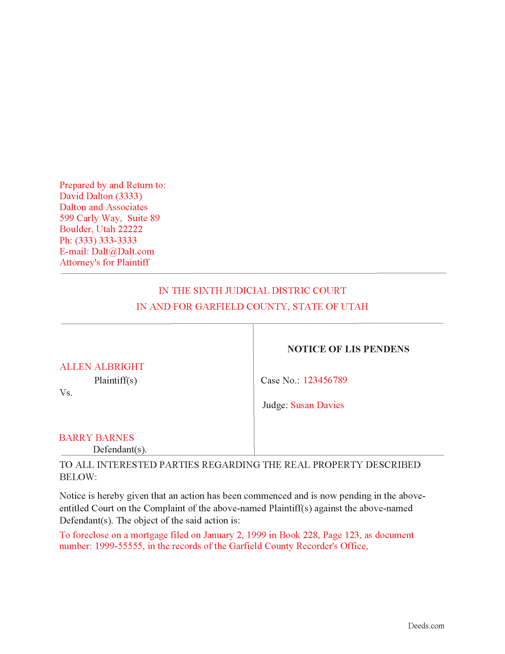 Davis County Completed Example of the Lis Pendens Release Document